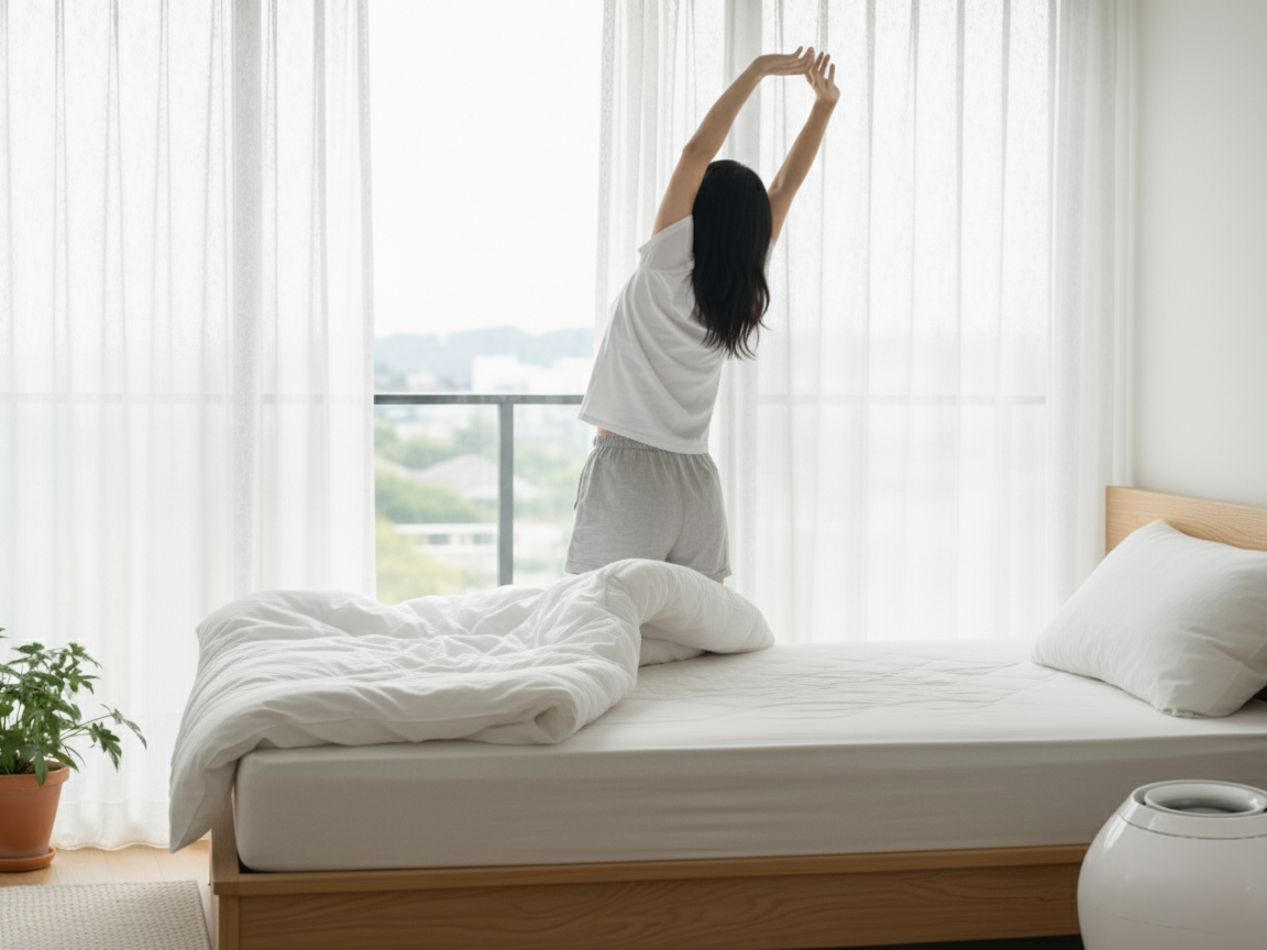 洗えるマットレスで毎日を清潔に過ごす女性の寝室