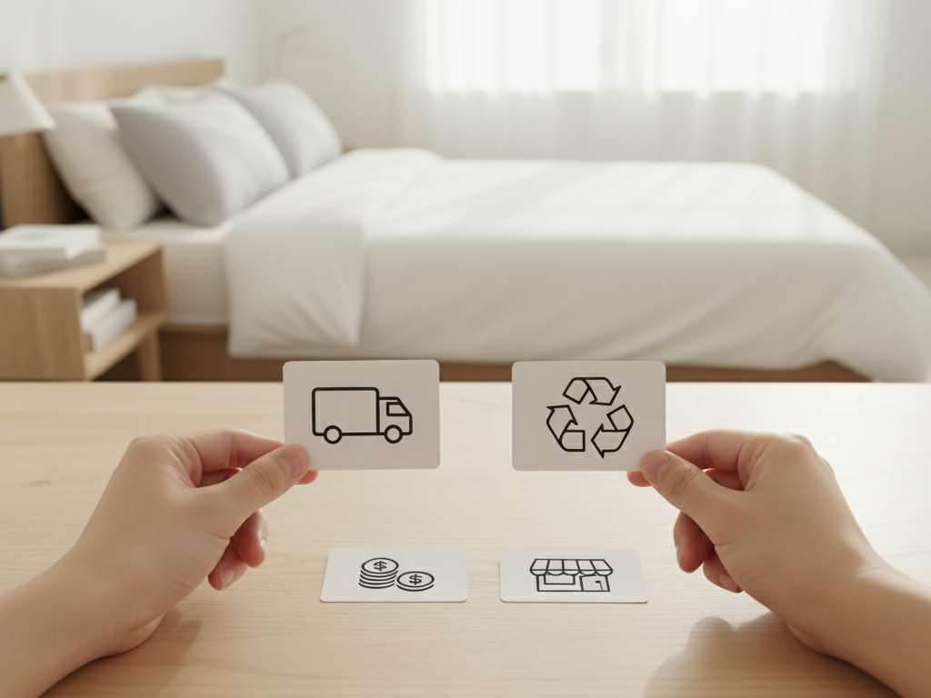 洗えるマットレスをレンタルして、返却か交換か悩む人の手と寝室