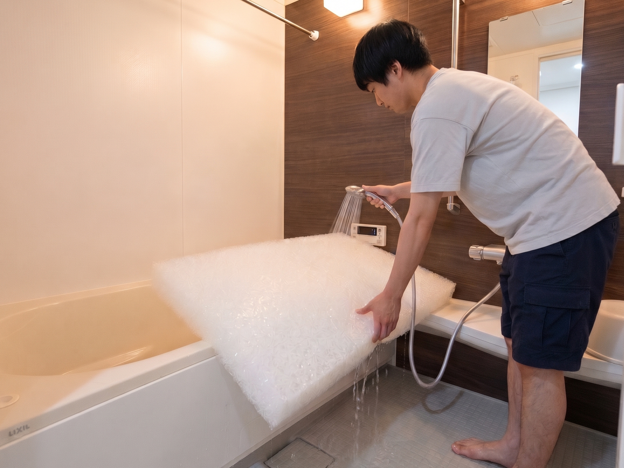 自宅での正しいマットレスの洗い方をする男性