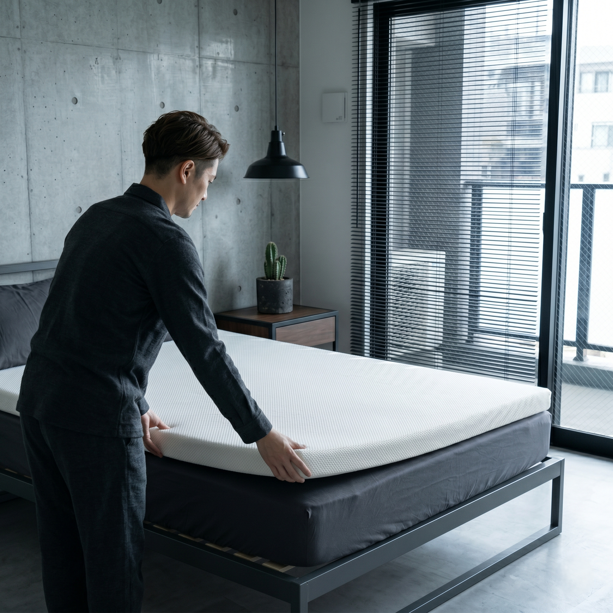 スタイリッシュな寝室で、マットレストッパーのおすすめを敷く男性