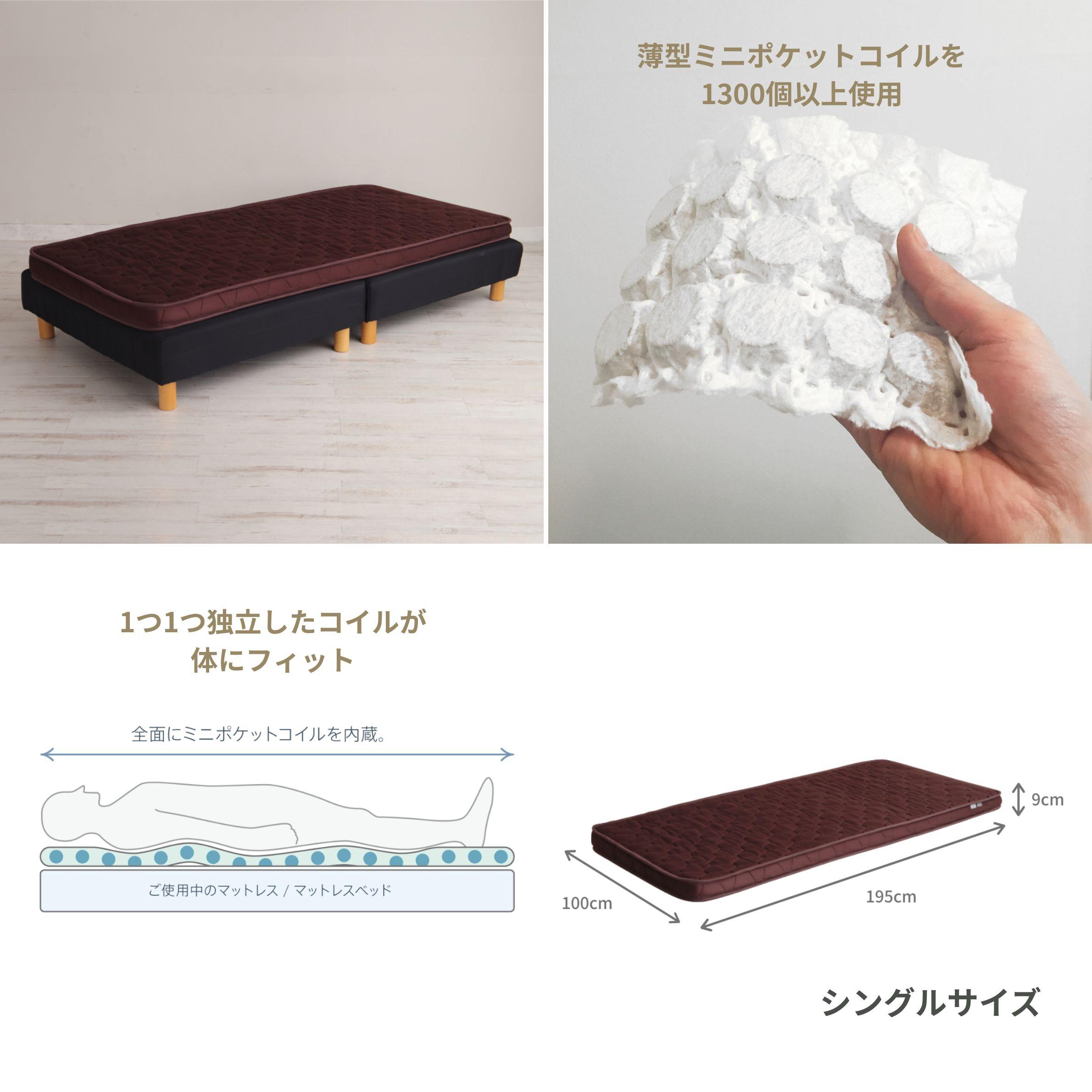 マットレストッパーのおすすめLAYFIT 薄型マットレストッパーの薄型ミニポケットコイル、体にフィットするイメージイラスト、サイズ