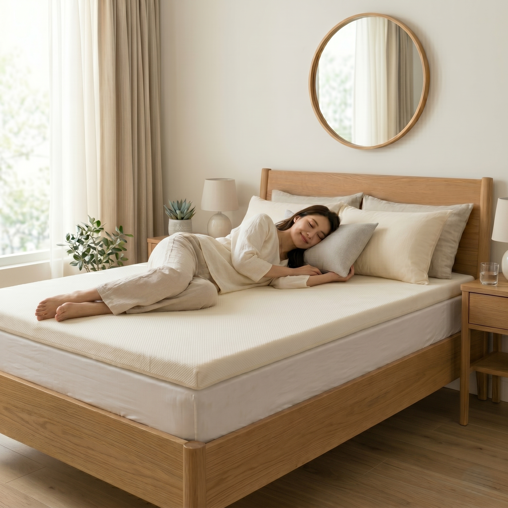 自分に合うマットレストッパーで　より良い睡眠環境になったベッドに横になる女性