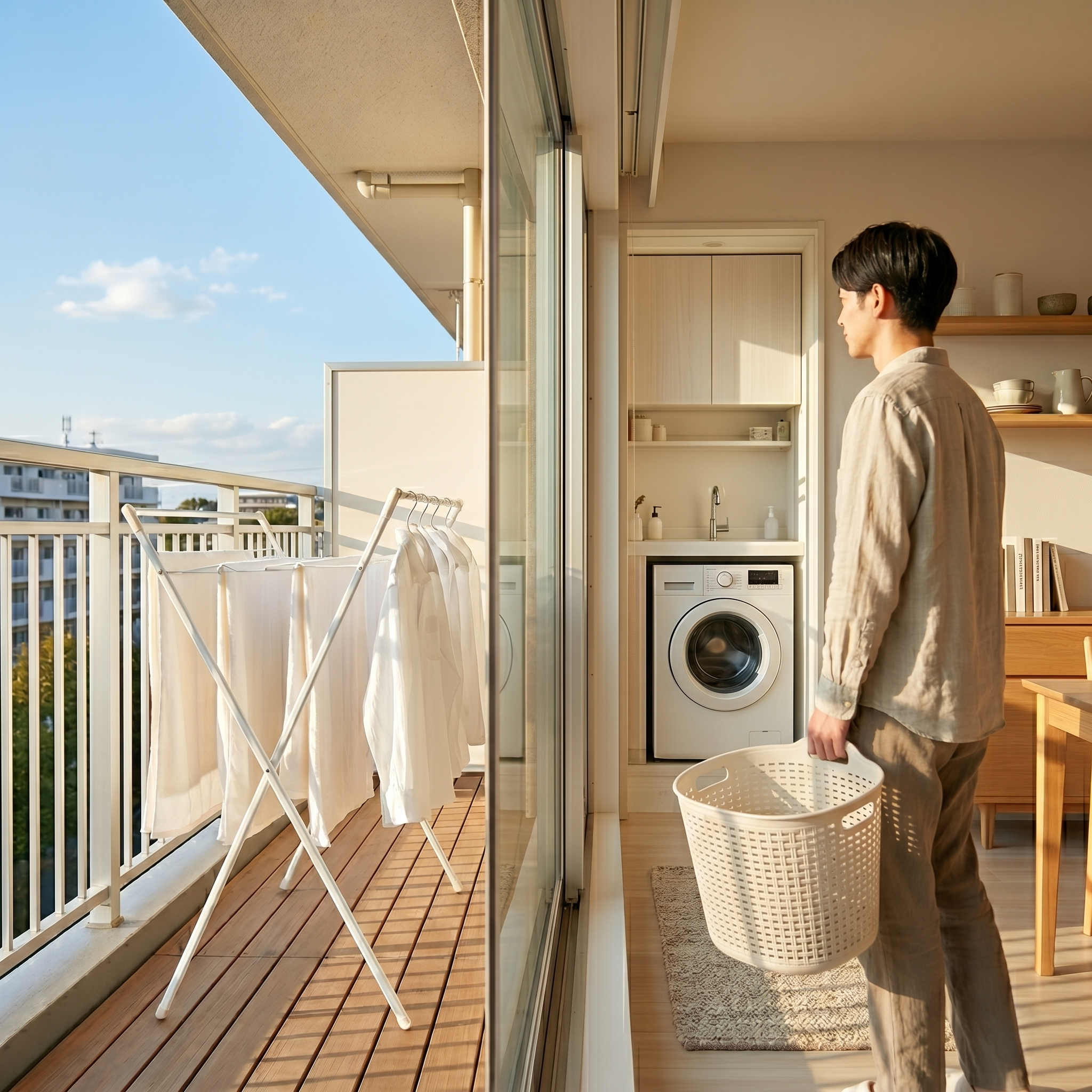 自分にぴったりのインバーター洗濯機で　毎日の洗濯する男性