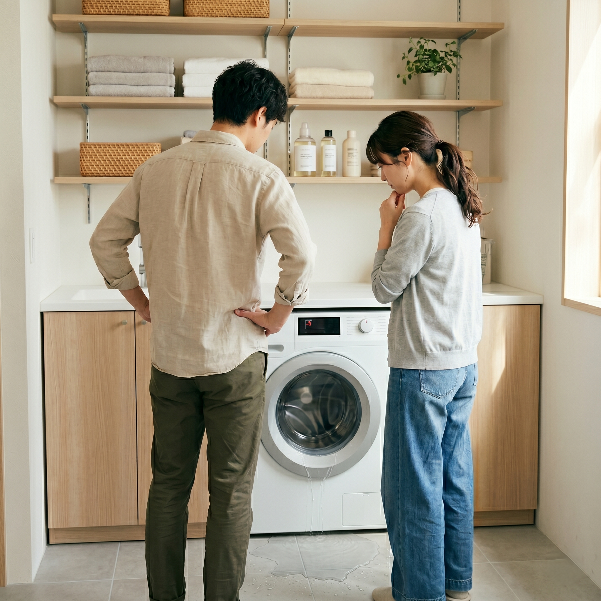 洗濯機の修理をどこに頼むか相談する夫婦
