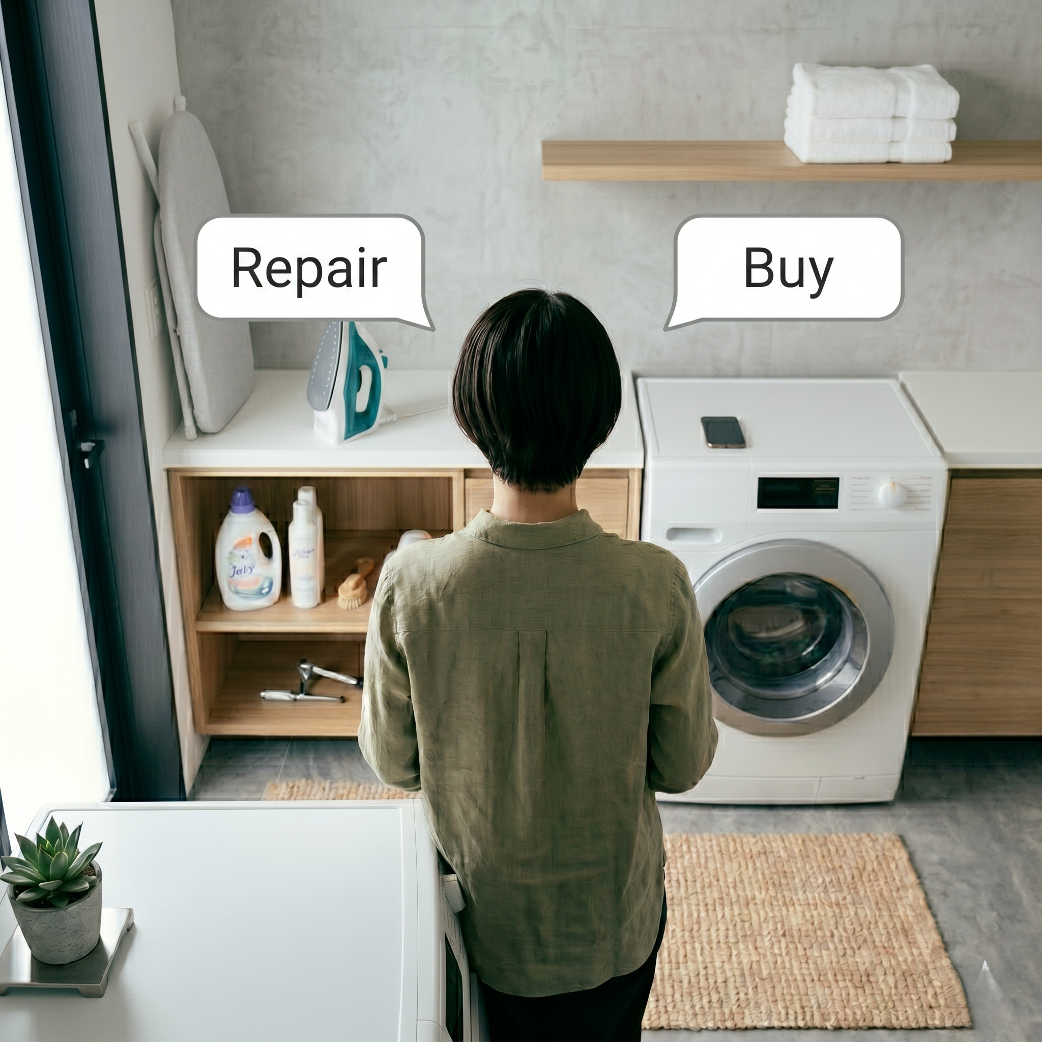 洗濯機の寿命は何年？　故障したら修理か買い替えかをランドリールームで悩む女性