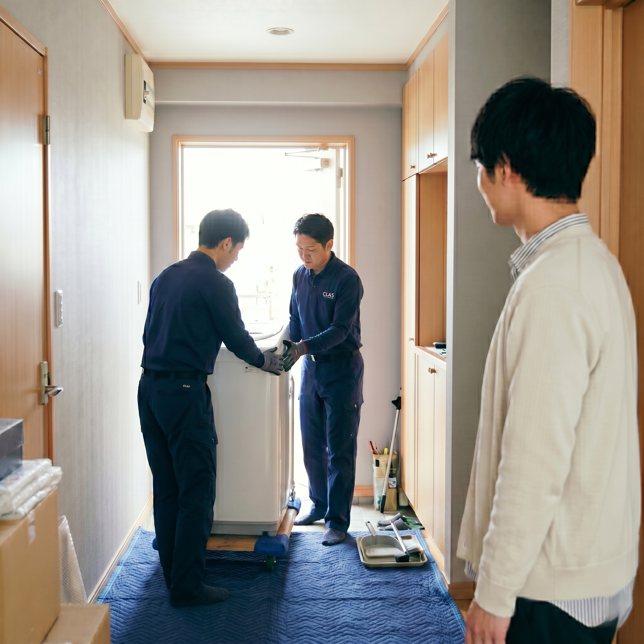 洗濯機の修理の心配がない家電のレンタル・サブスクで洗濯機をレンタルした男性と配達する作業員