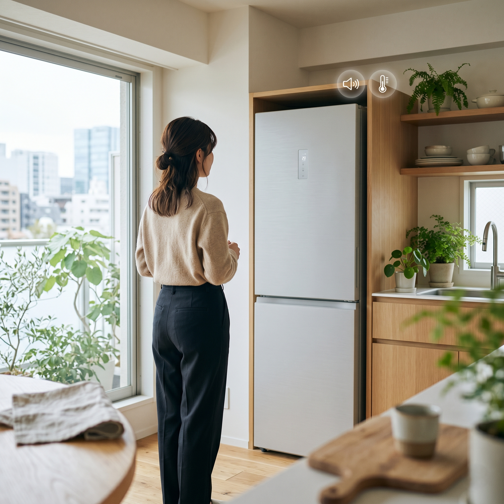 冷蔵庫の前で、冷蔵庫のコンプレッサーが壊れたのか、故障か悩んでいる女性。