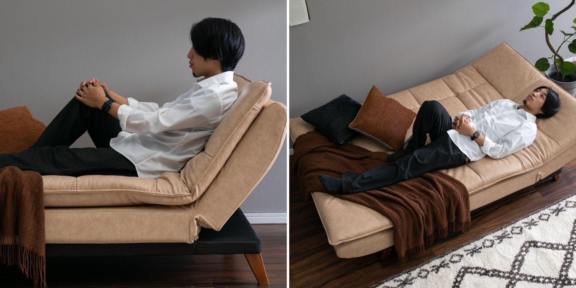 一人暮らしにおすすめの リクライニング機能付　RELAX FORM ノキア ソファベッドのリクライニングでリラックスする男性と、フルフラットで寝転がる男性