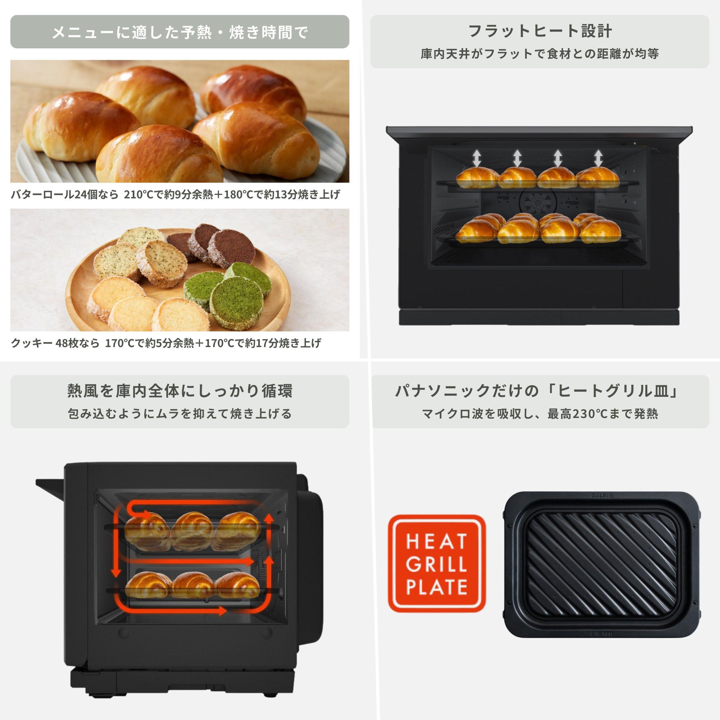 オーブンレンジ お菓子作りにおすすめのPanasonic（パナソニック）スチームオーブンレンジ Bistro（ビストロ）で作ったパンとクッキー、2段でパンを焼く様子、庫内の熱風、ヒートグリル皿