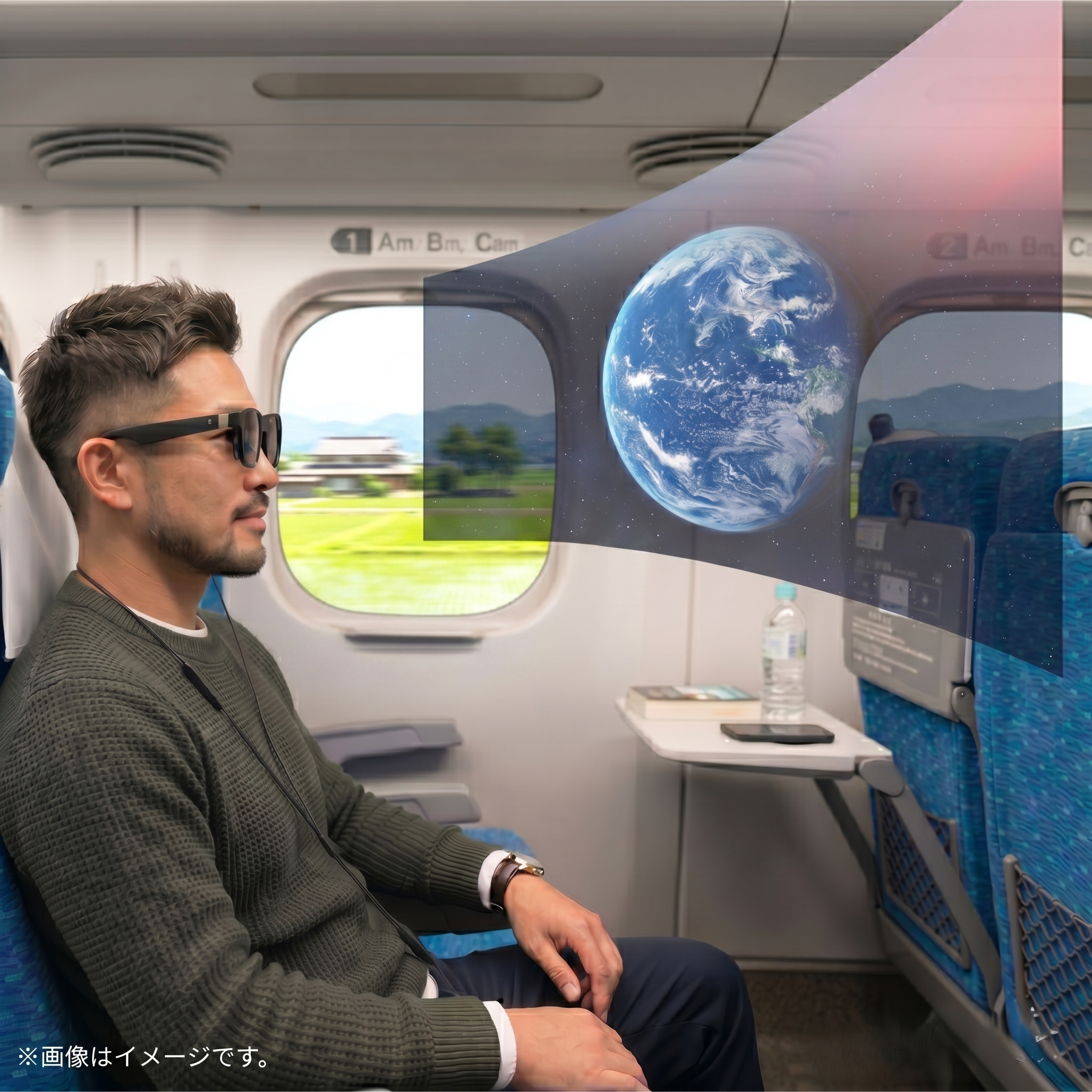 新幹線の中で、XREALの大画面で宇宙の映像を楽しむ男性