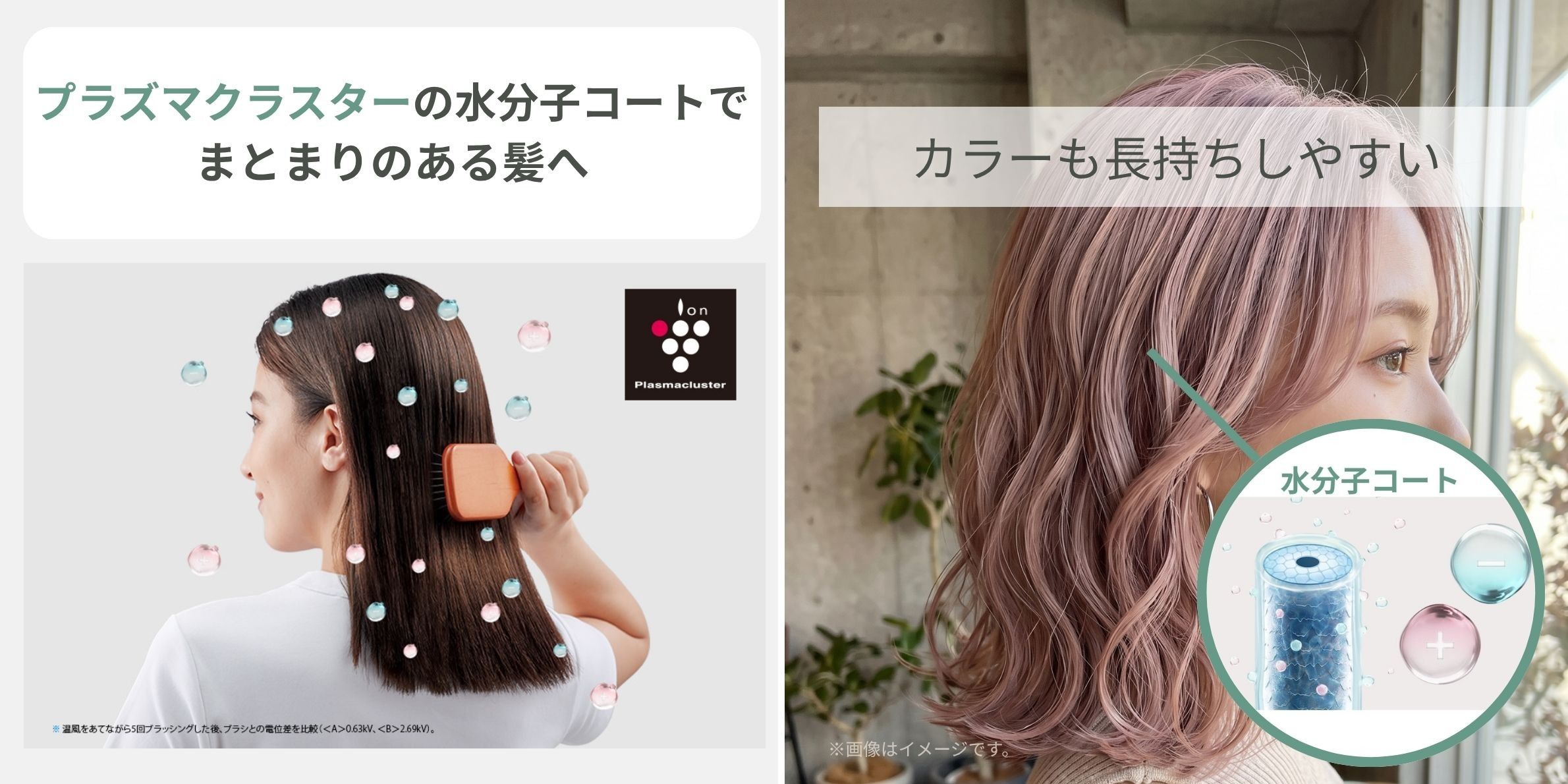 シャープ ドライヤー IB-P601のプラズマクラスター効果イメージと、カラーした髪の女性の髪も守られているイメージ