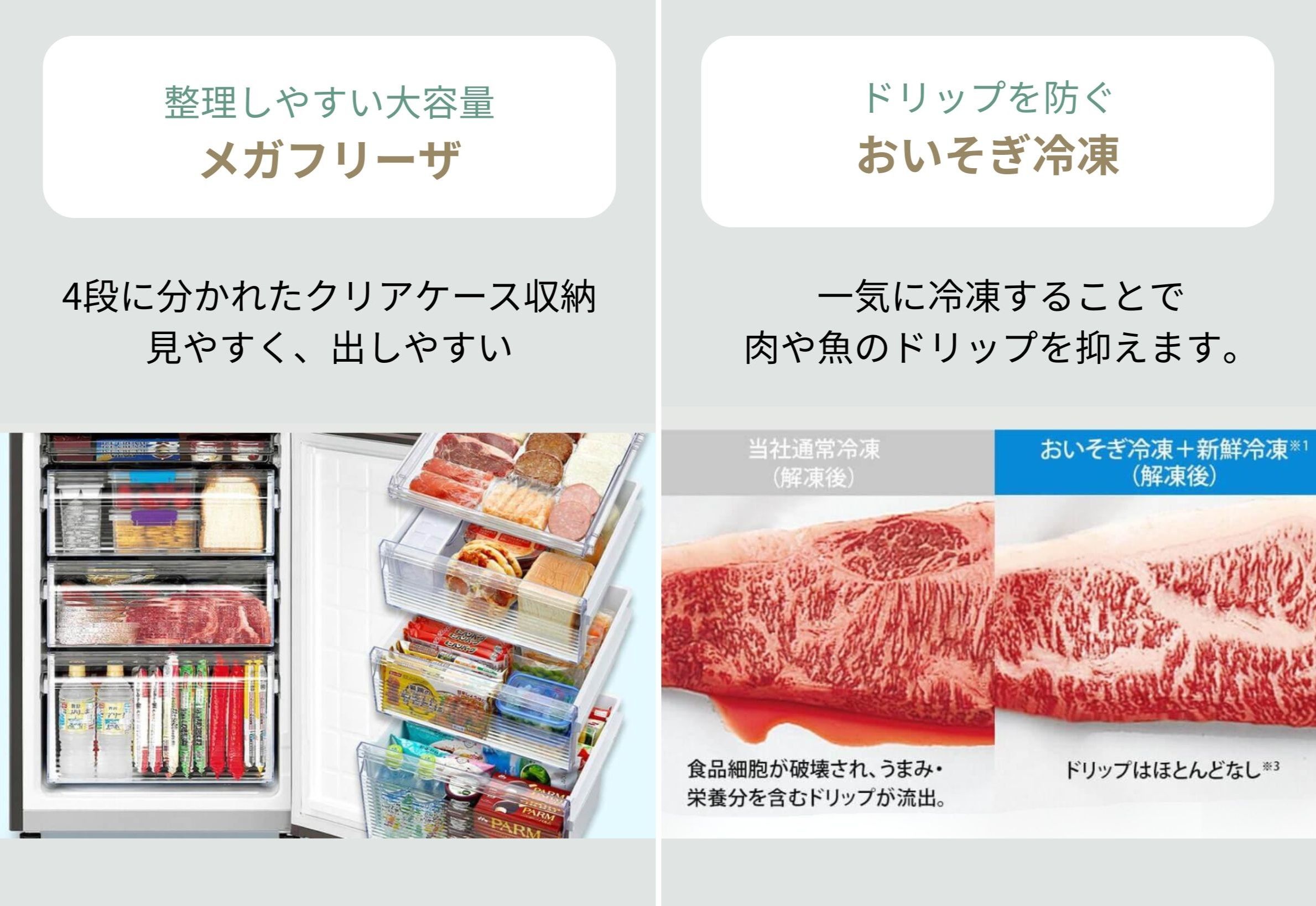 シャープ 冷蔵庫 自炊はの一人暮らし向けシャープ 2ドア冷凍・冷蔵庫 280Lの大容量冷凍室と、おいそぎ冷凍で肉がドリップしない比較