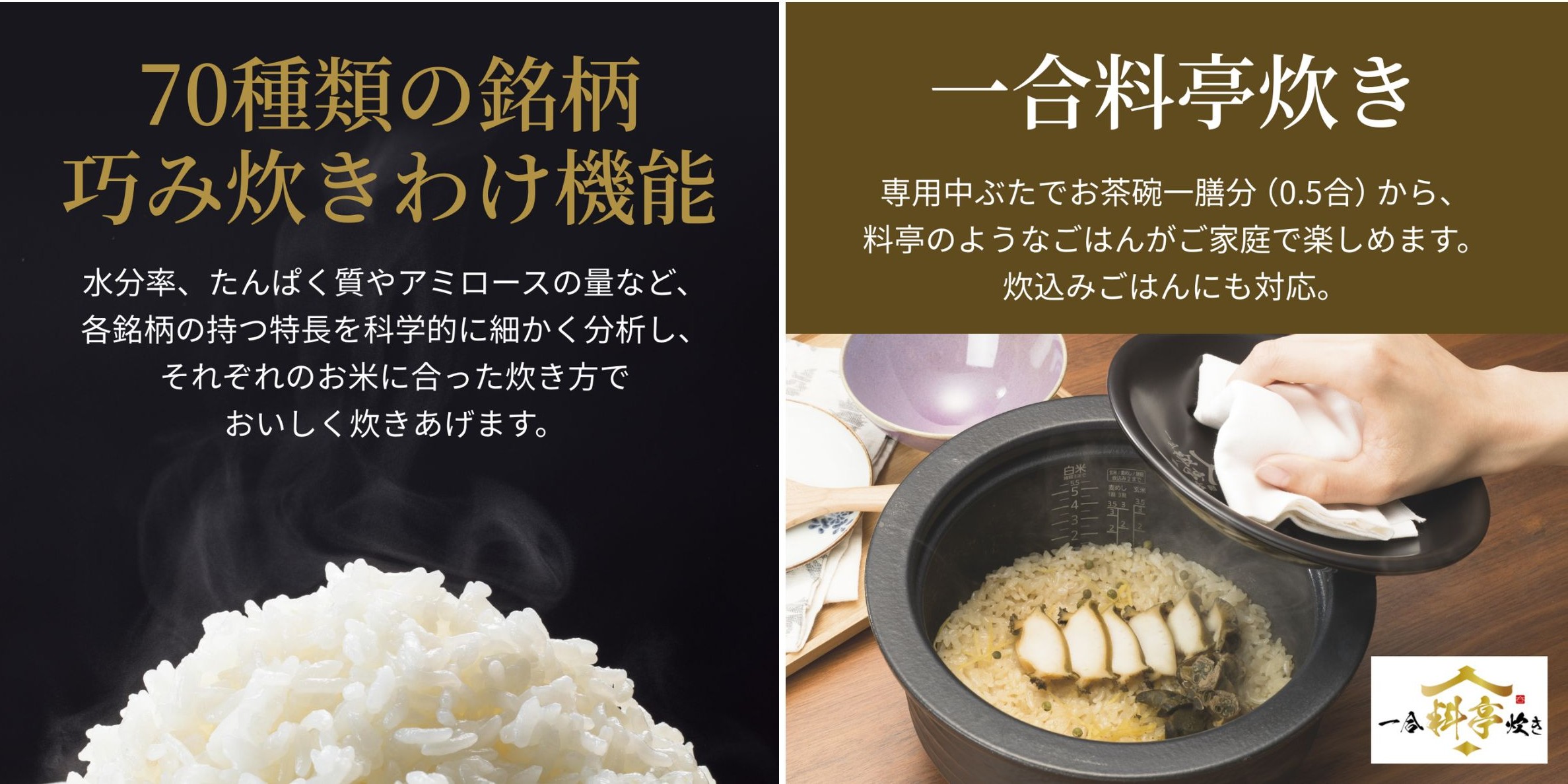 タイガー 炊飯器 萬古焼土鍋釜で炊く　土鍋ご泡火炊き 圧力IH 5.5合のごはん炊き分け技術と1合から炊けるイメージ