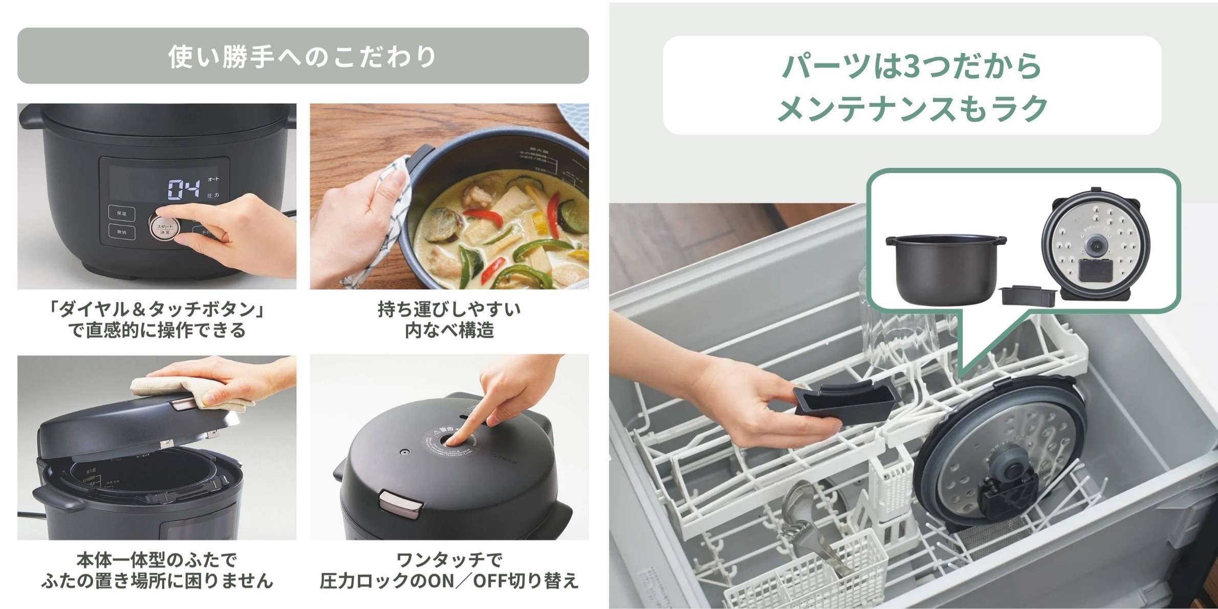 考え抜かれた“使いやすさ”とメンテナンスがラクな3つのパーツを食洗器に入れた様子