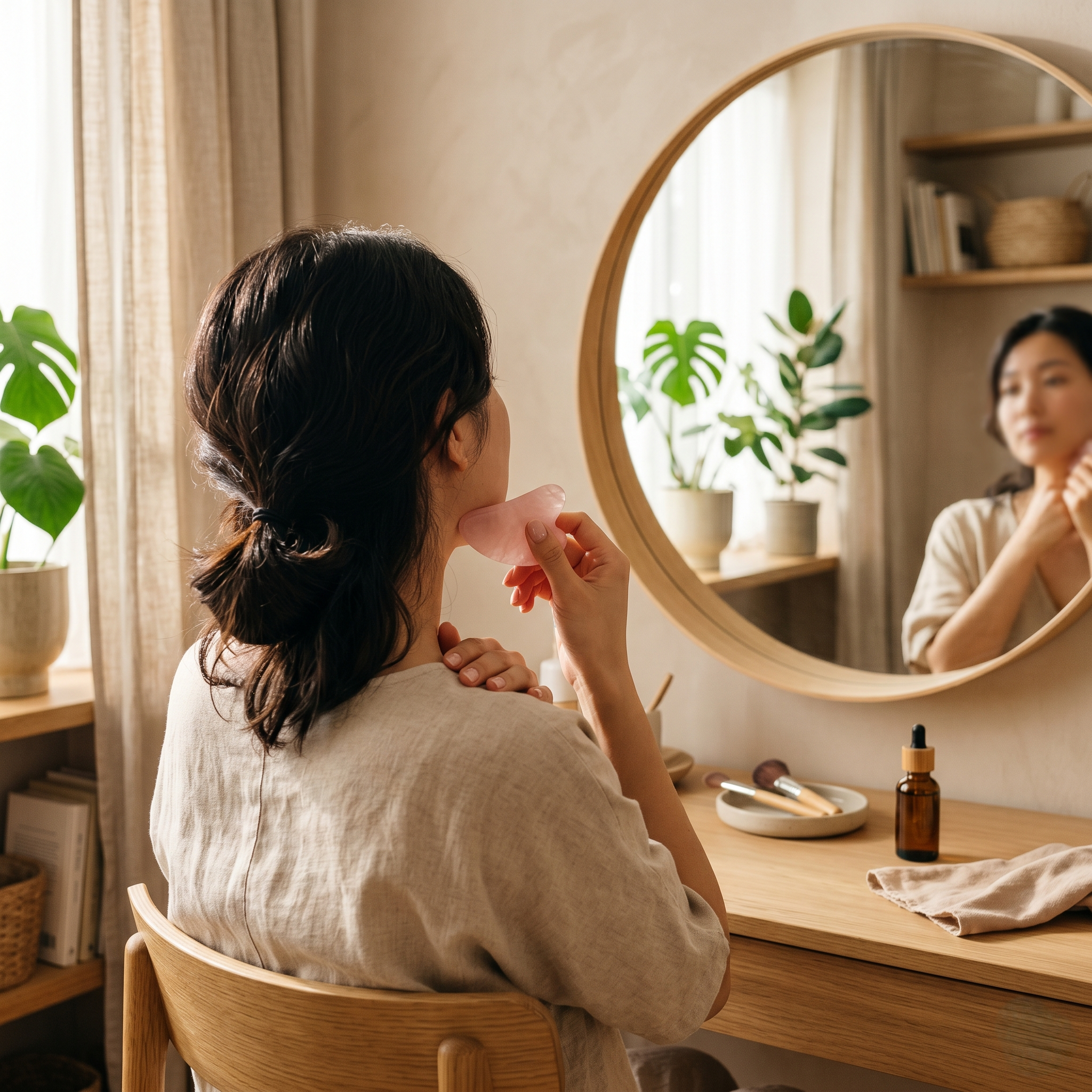 カッサを続けた結果、小顔でほうれい線が消えた女性