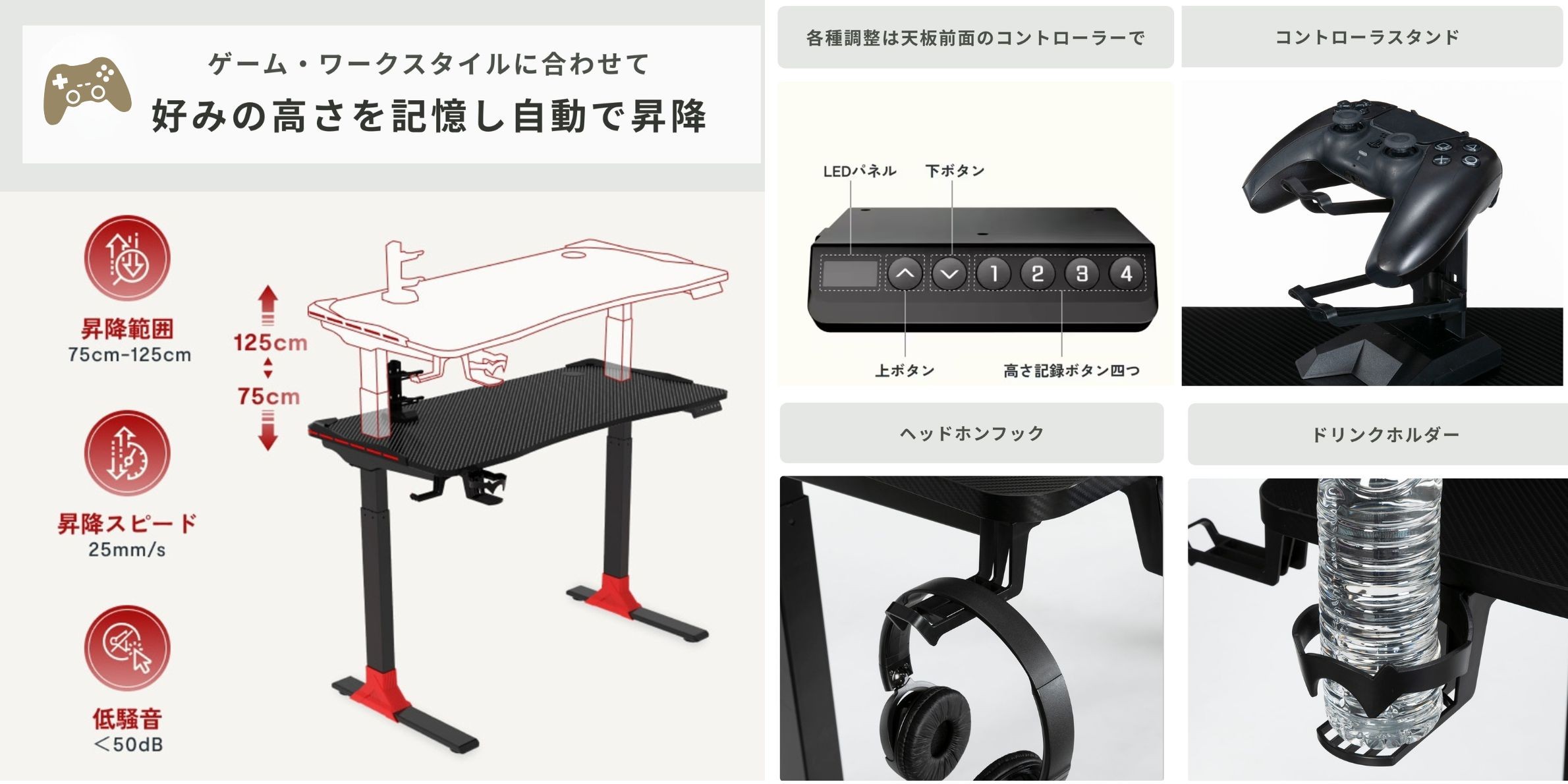 FlexiSpot(フレキシスポット)電動昇降式ゲーミングデスク GT2Dの昇降デスクの図説と上昇コントローラー、ゲームコントローラー・ヘッドホン置き場とドリンクフォルダー