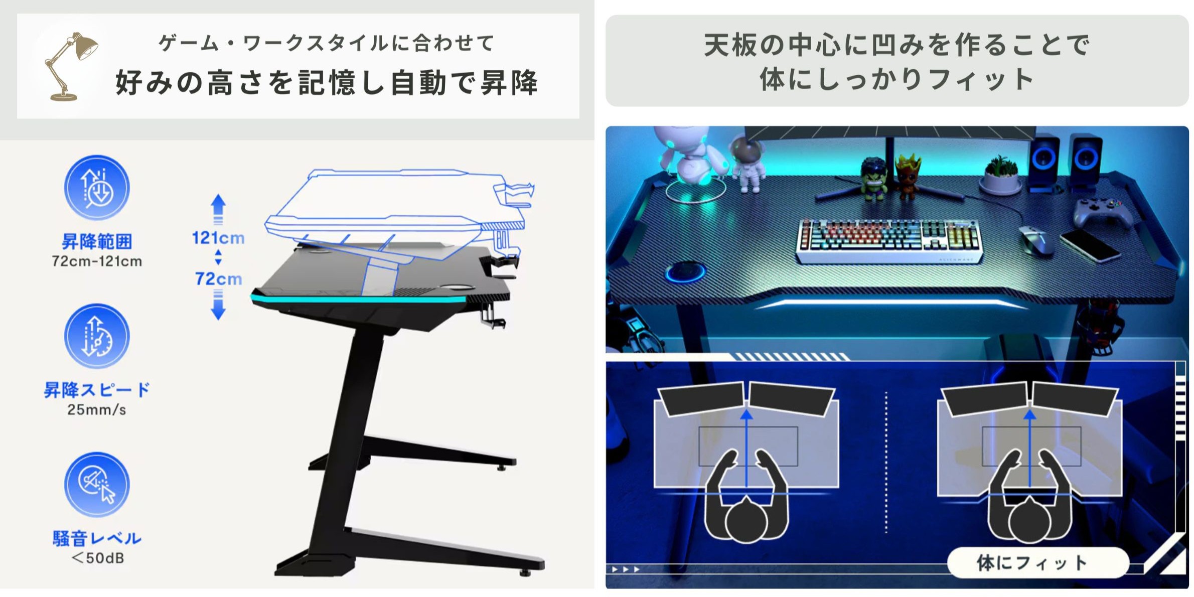 FlexiSpot(フレキシスポット)電動昇降式ゲーミングデスク GT2の昇降図説と天板の形状