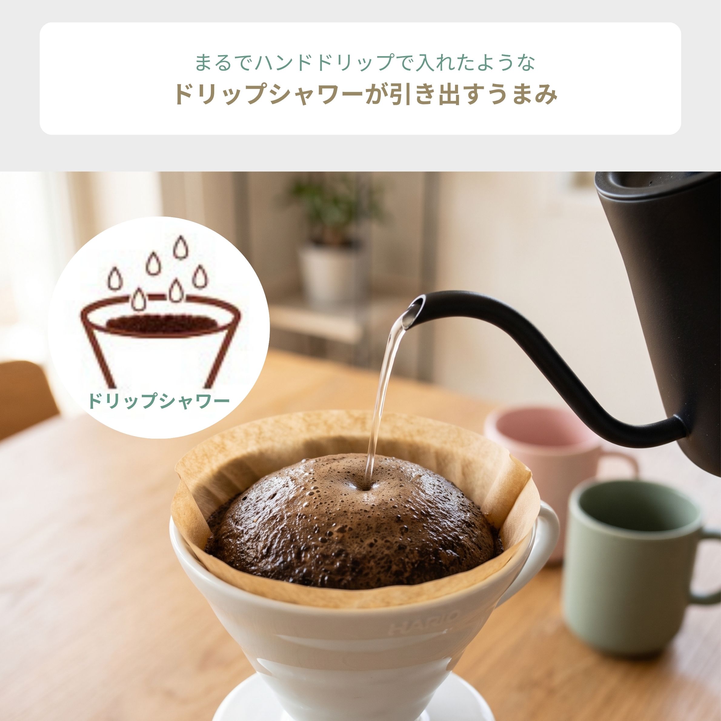 タイガー コーヒーメーカーのおすすめADC-N060Kのドリップシャワーが実現するドリップの入れ方イメージ