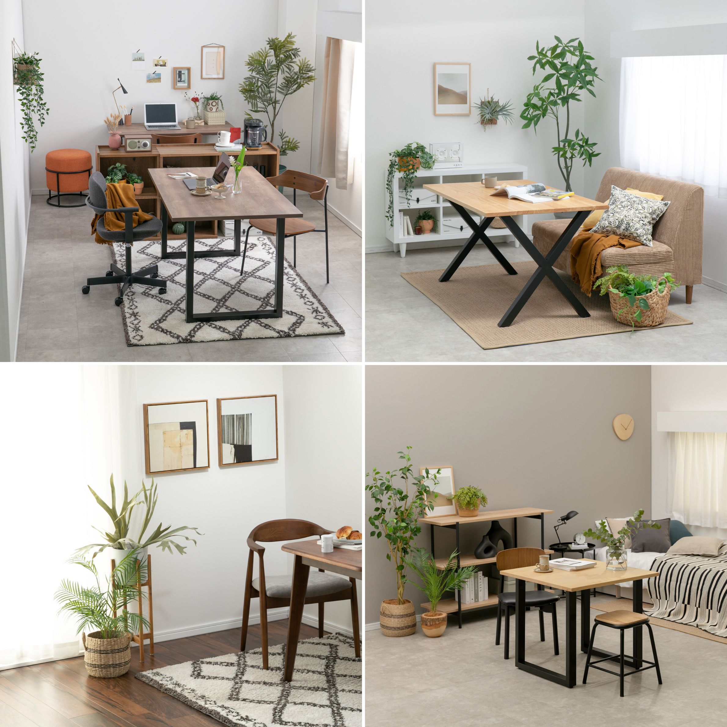 観葉植物をインテリアとして工夫した置き方でおしゃれに見せた4つのコーディネート事例 ワークスペース、リビング、ダイビング、ワンルーム