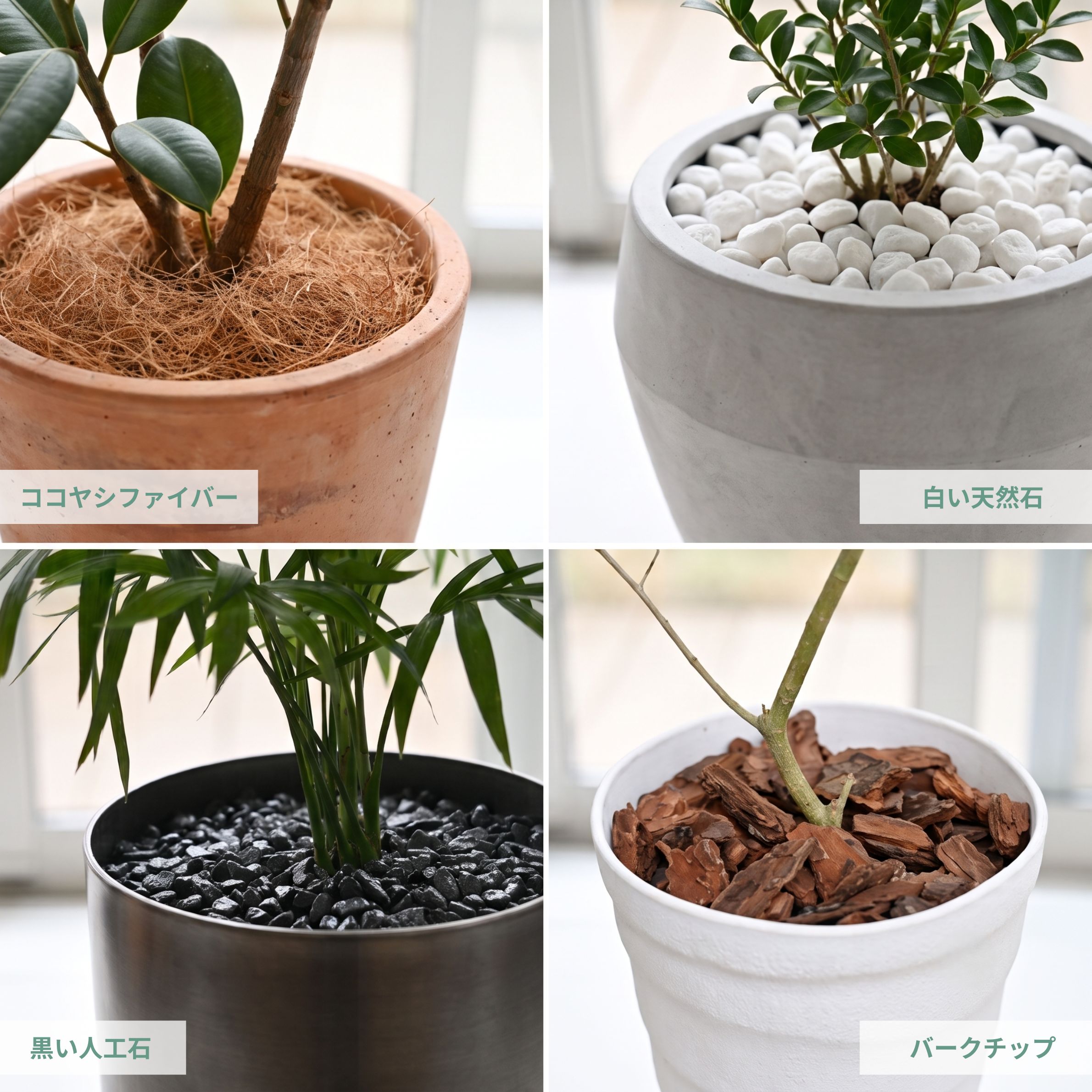 観葉植物をおしゃれなインテリアに見せる鉢植え隠し材 ココヤシファイバー 白い天然石 黒い人工石 バークチップ