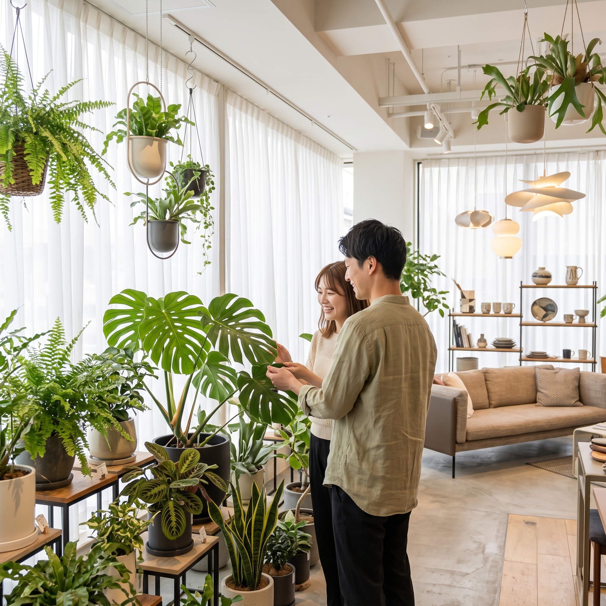 インテリアショップで観葉植物を選ぶ若いカップル