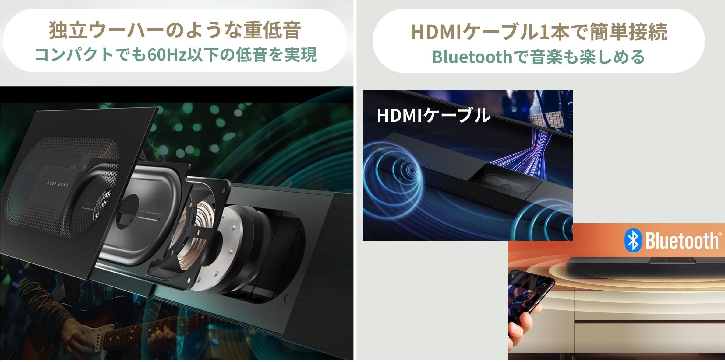 Hisenseのハイパワー重低音　2.1ch シアターサウンドシステム　SOUNDiVAの重低音とHDMIケーブルとBluetooth使用のイメージ