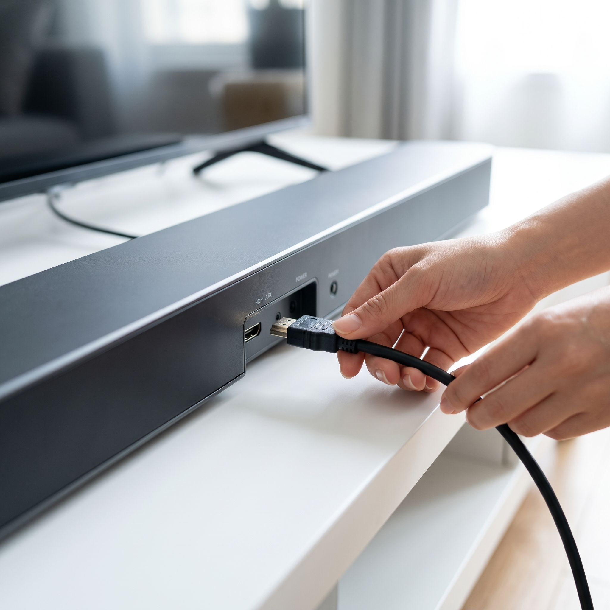 テレビ スピーカーをHDMIケーブルで接続している手