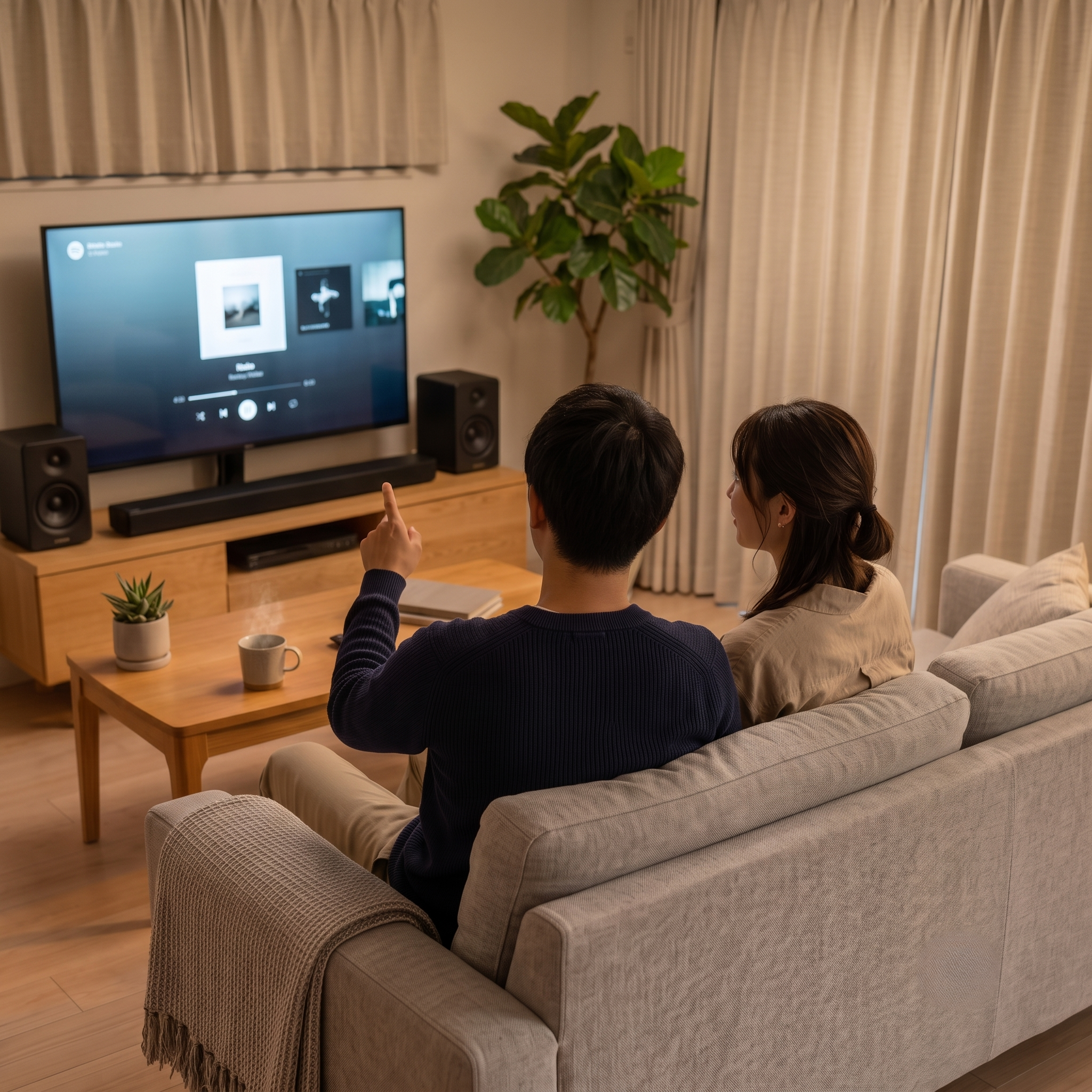 テレビスピーカーで　お気に入りの音を手に入れたカップルがリビングのテレビで何を見るか相談している様子