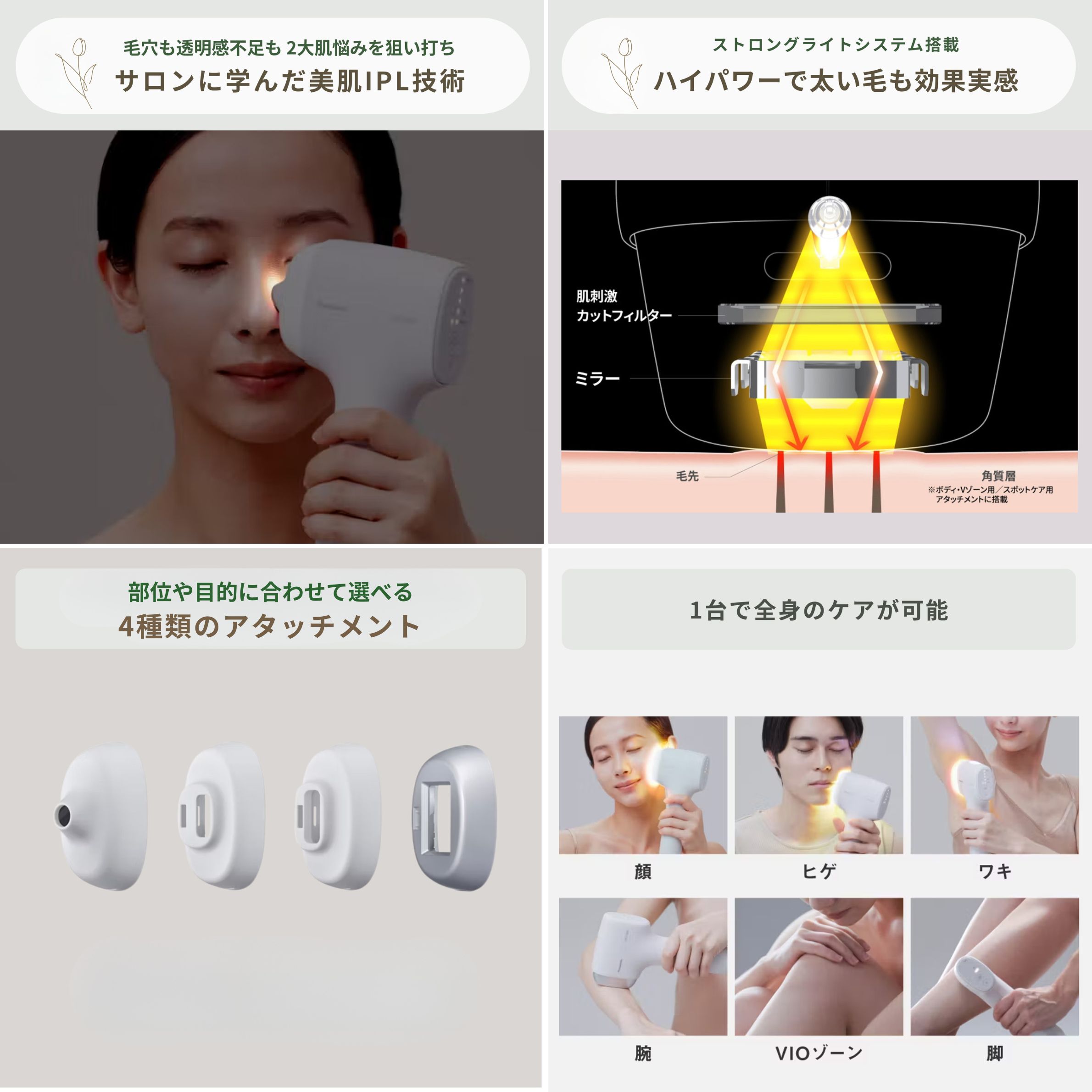 Panasonic（パナソニック）ムースエピ スキンクリア の美肌技術、ハイパワー脱毛効果、4種のアタッチメント、いろいろな部位に家庭用脱毛器を当てる様子