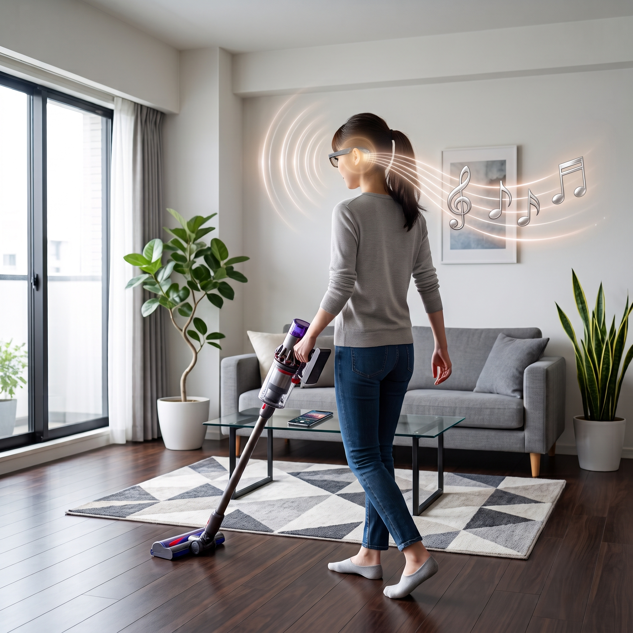 スマートグラス できること　ai スマートグラスで音楽再生やハンズフリー通話をしながら掃除する女性