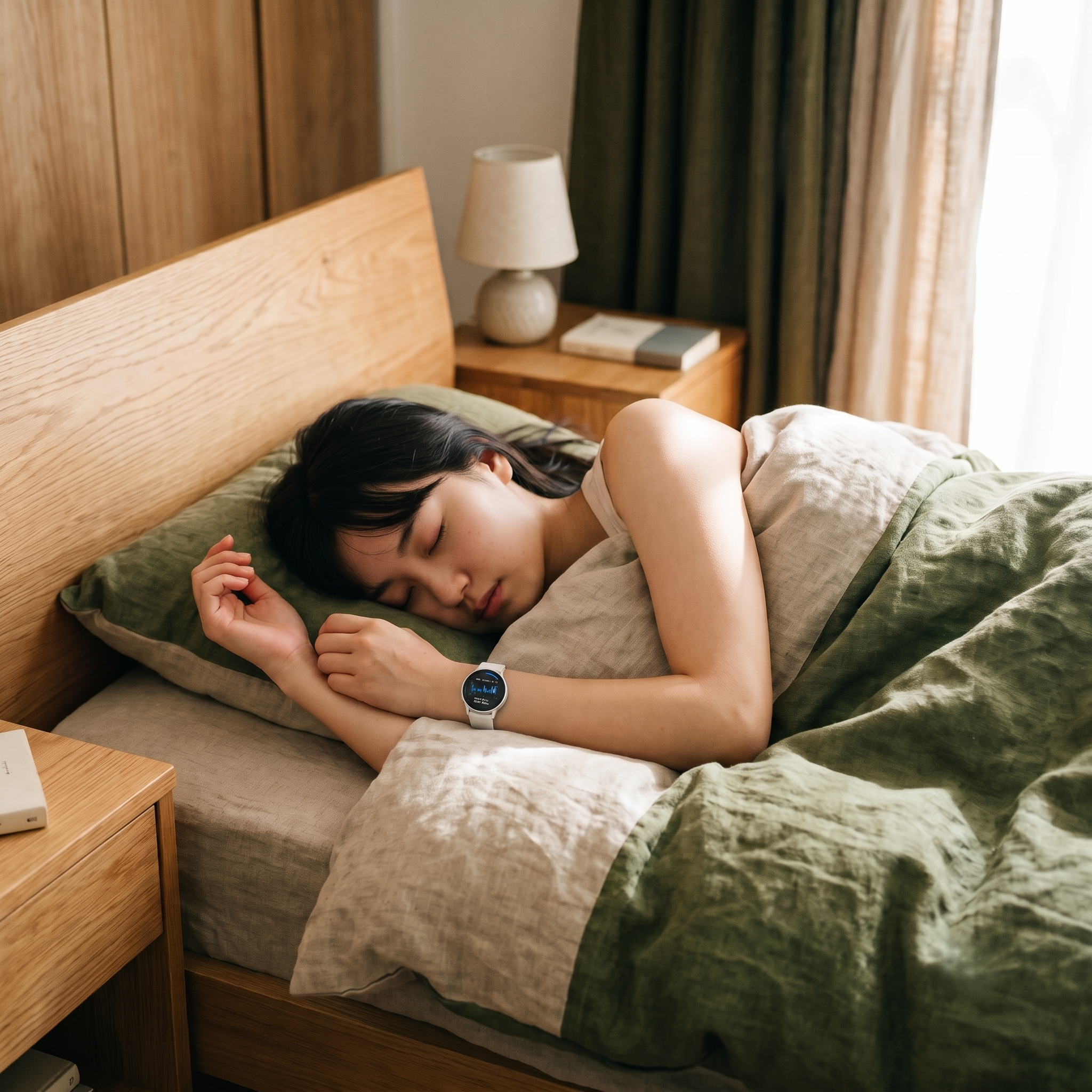 健康管理におすすめのスマートウォッチを付けて眠る女性