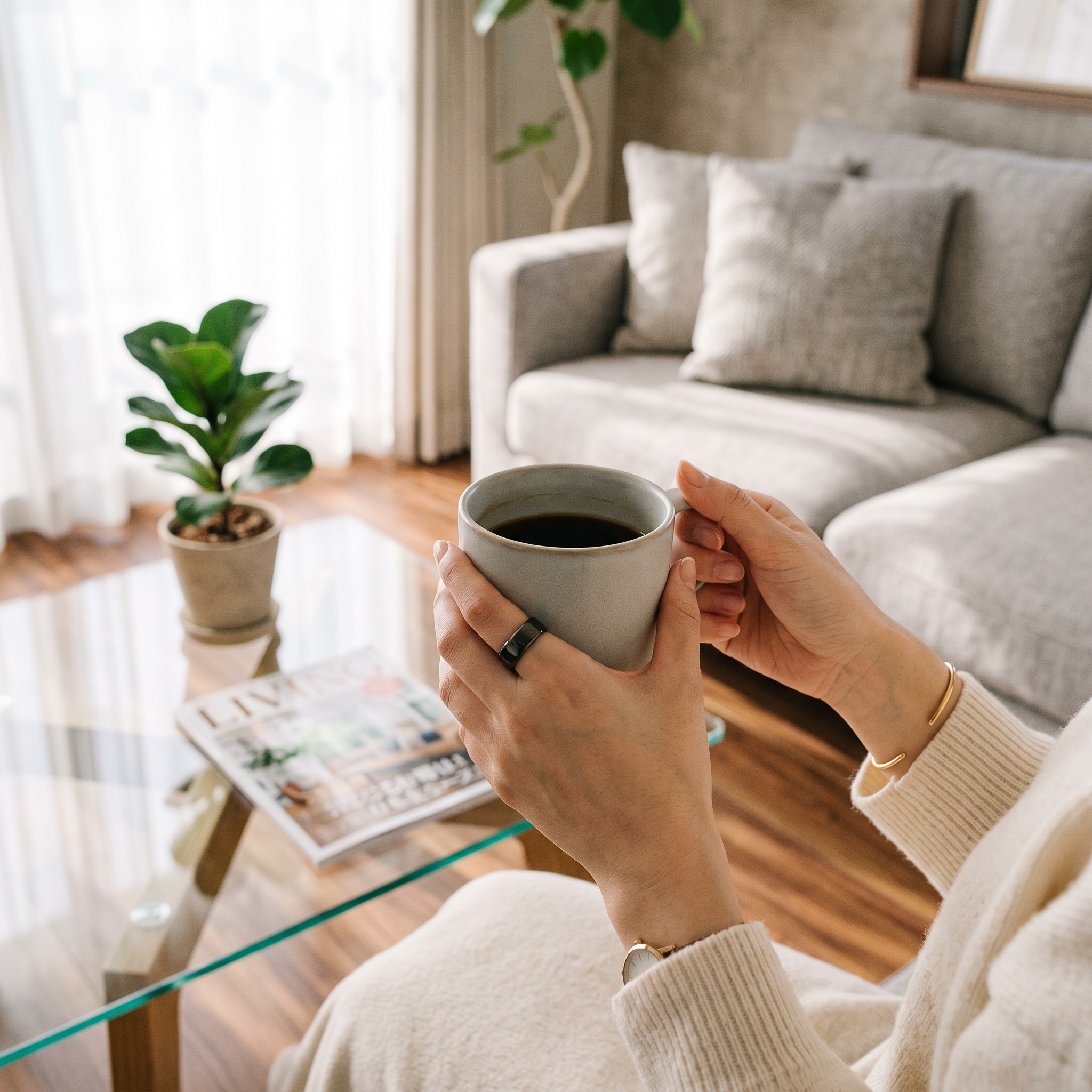 スマートリングを付けてお茶を飲む女性