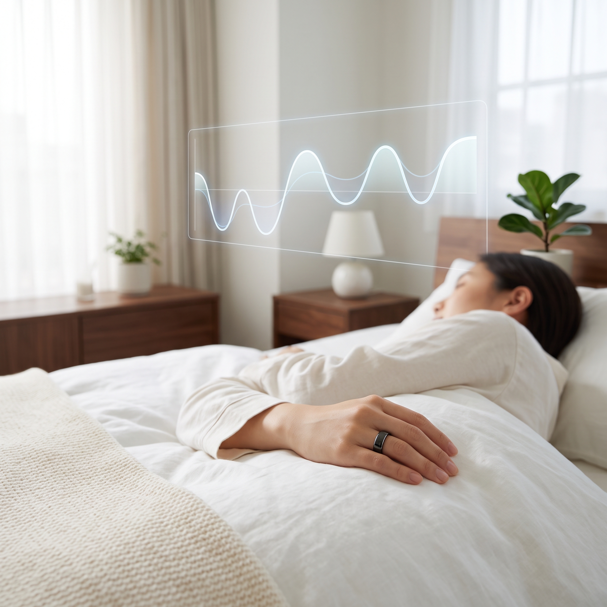 スマートリングで睡眠データを取り、健康管理する女性