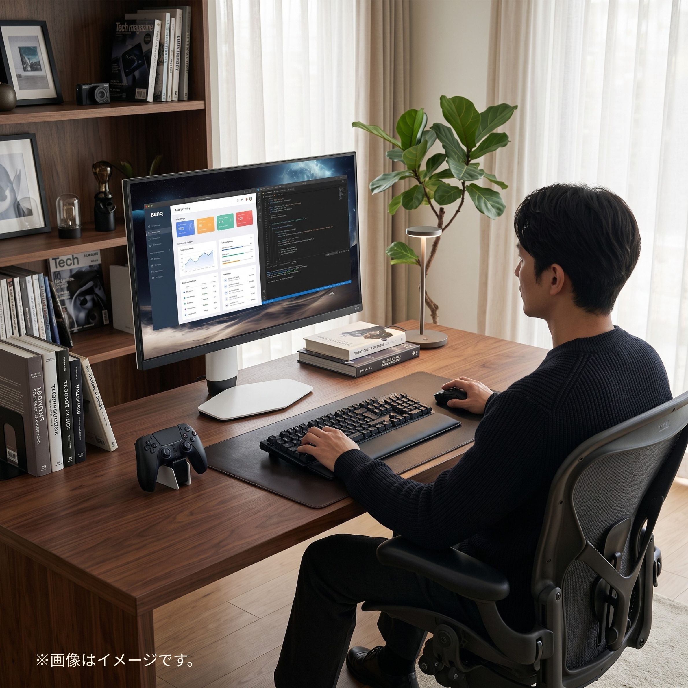 自分に合うBenQモニターのある快適なデスク環境で仕事吸る男性