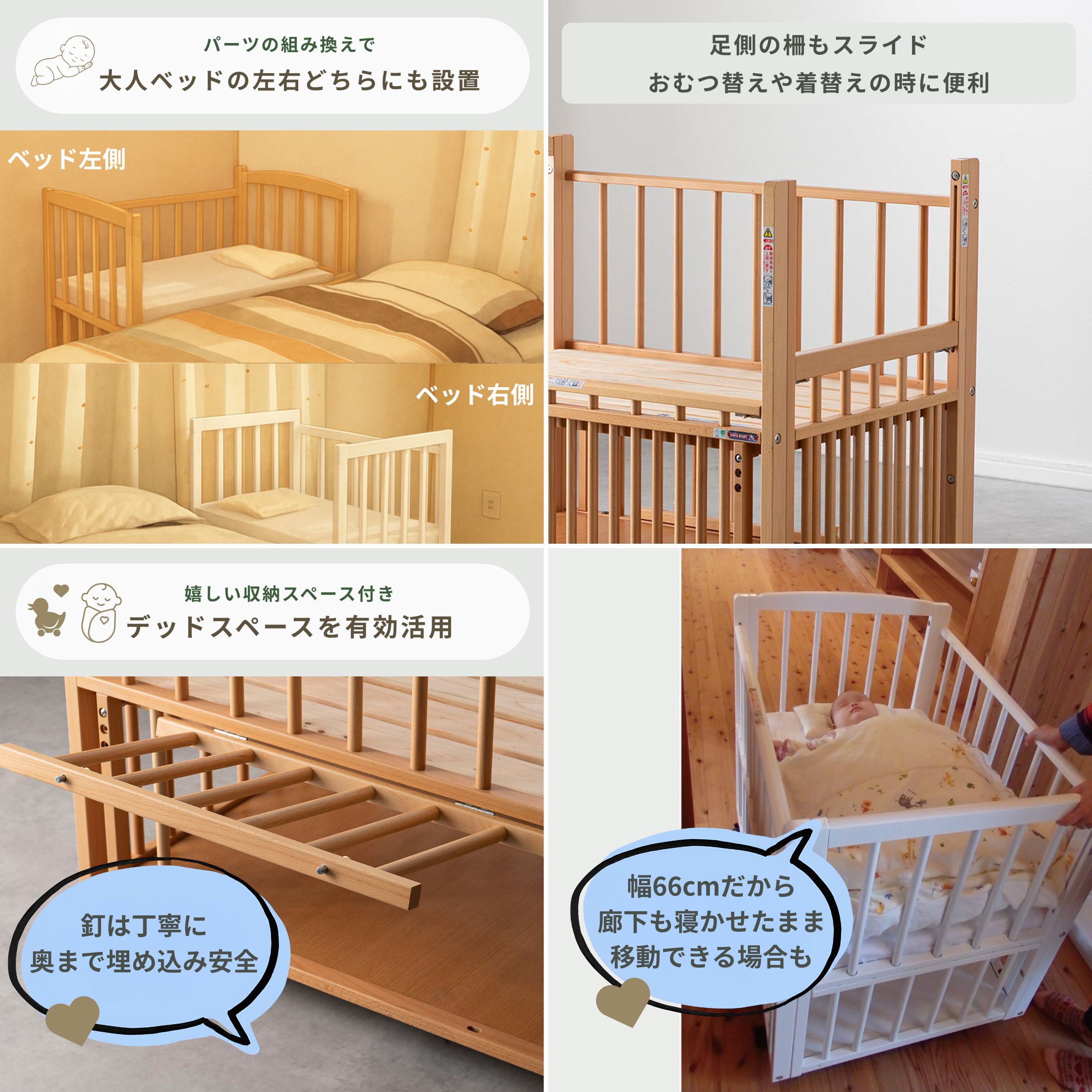 SAWABABY プチベリー 添い寝ベビーベッド ミニサイズの左右大人のベッドにつけたところ、2つ柵のスライド、収納、廊下を通れるところ