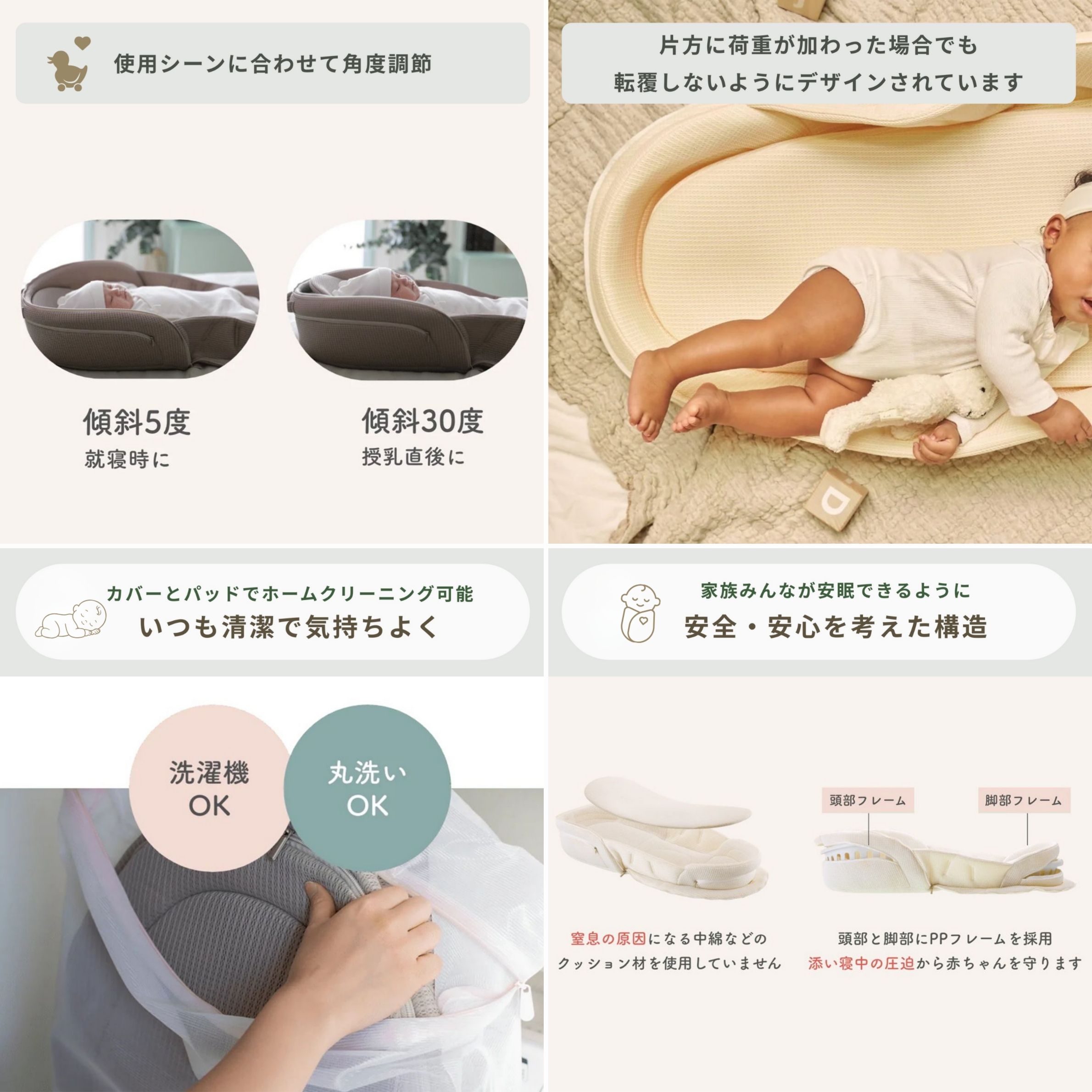 neomamaism ベッドインベッドの傾斜角度、安全性、洗える素材、安心構造