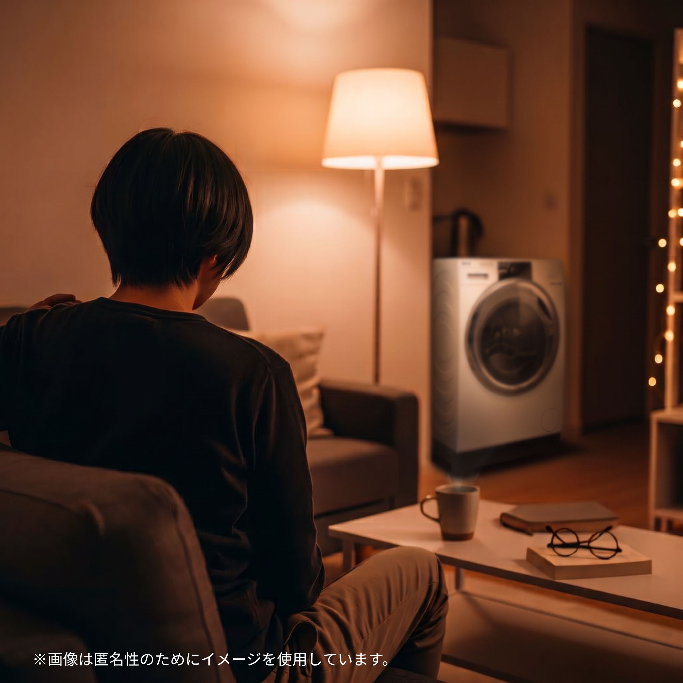 AQUA（アクア）まっ直ぐドラム2.0 ドラム式洗濯乾燥機を夜間に使用しているワンルームに暮らす男性