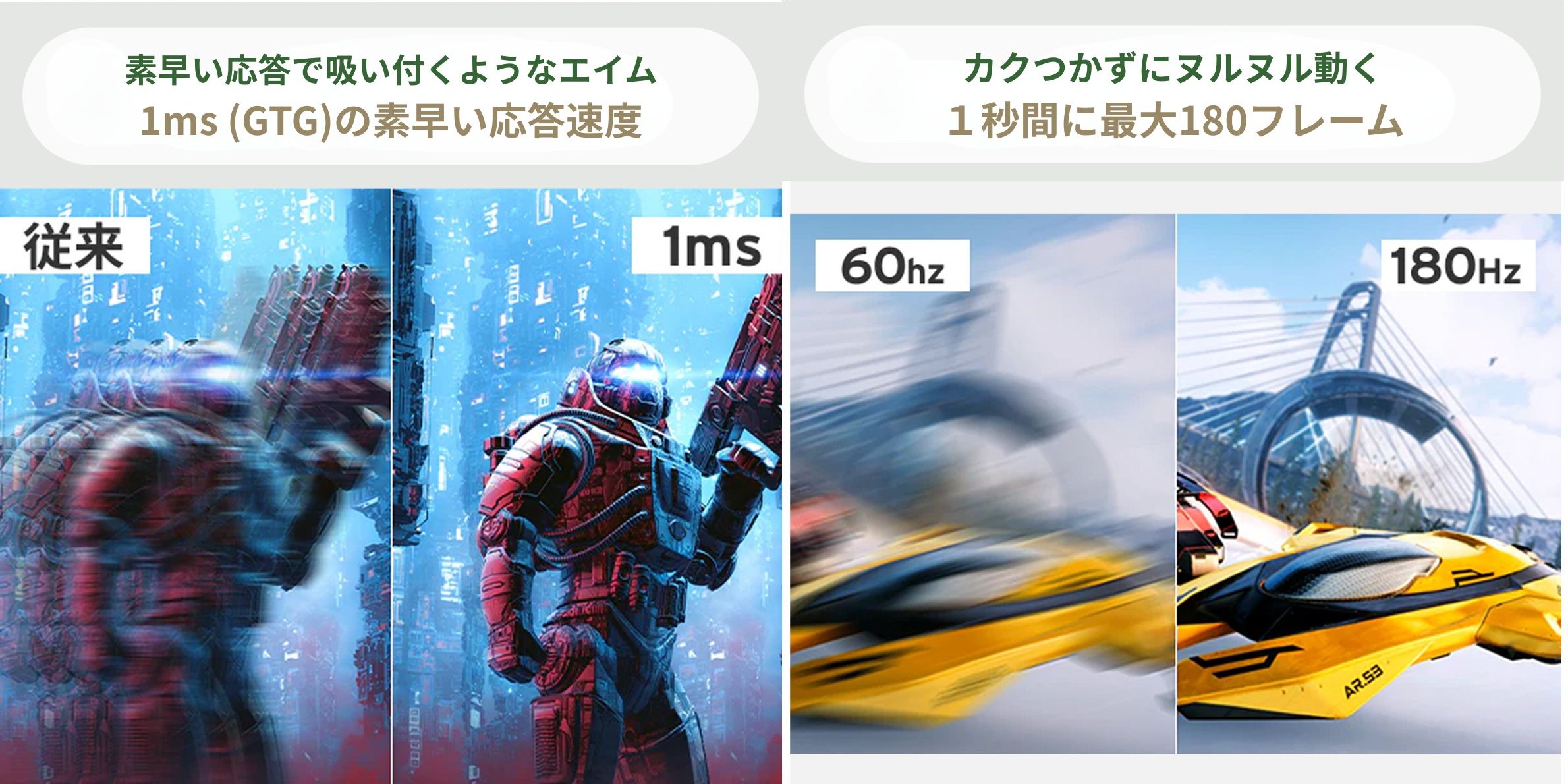 Pixio（ピクシオ）ゲーミングモニター PX278 Waveの1ms(GTG)の対応画面比較と、180zのフレームレイトと60Hzレイトの比較。