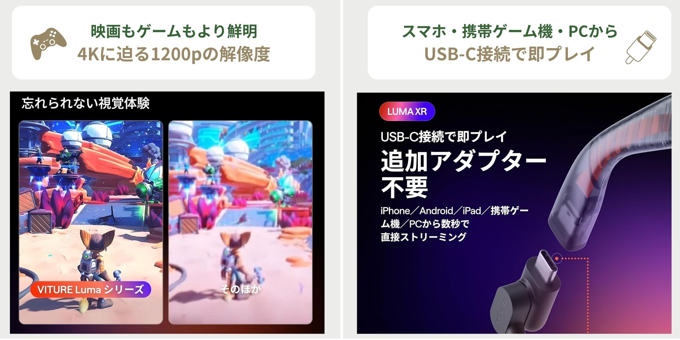 VITURE Luma XR/AR　Switchも気軽に楽しめる　スマートグラス 146インチの1200P解像度とUSB接続