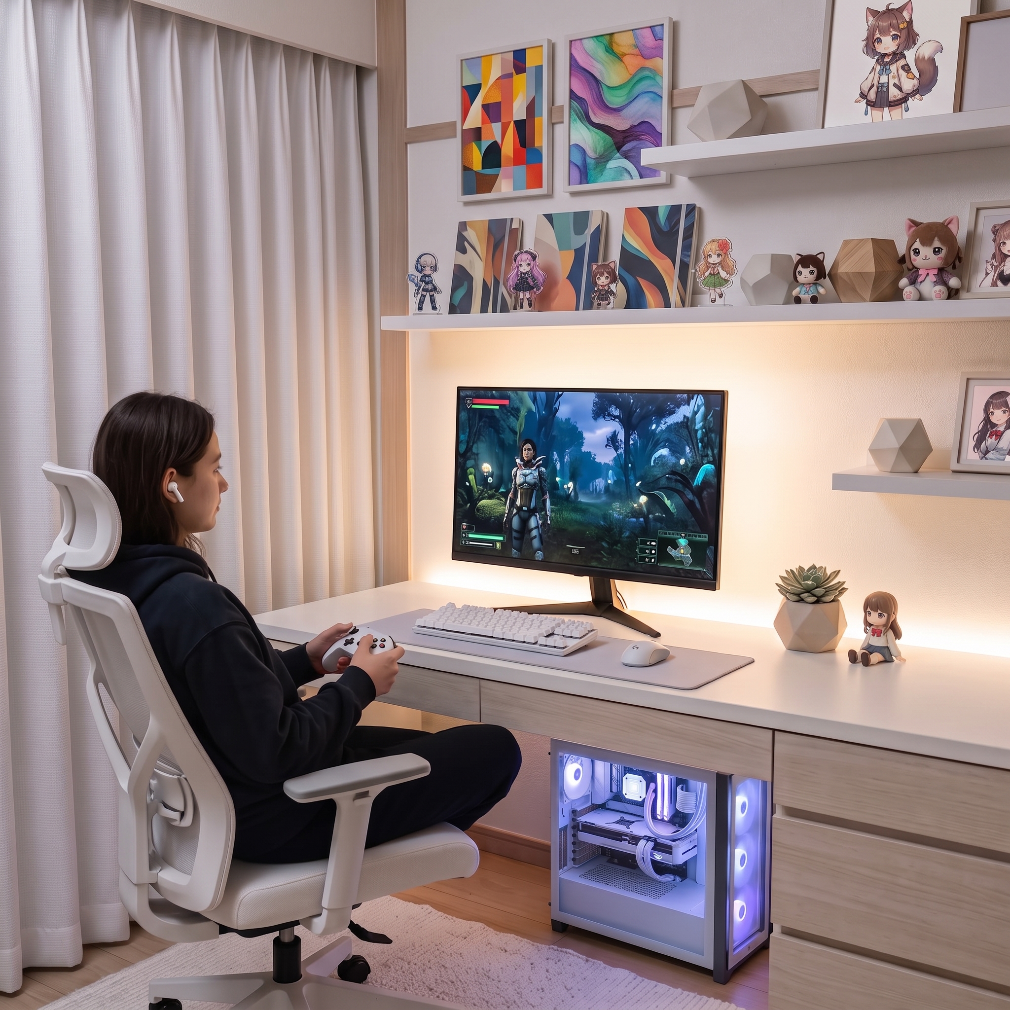 ゲーミングモニターでゲームや映像を楽しむ女性