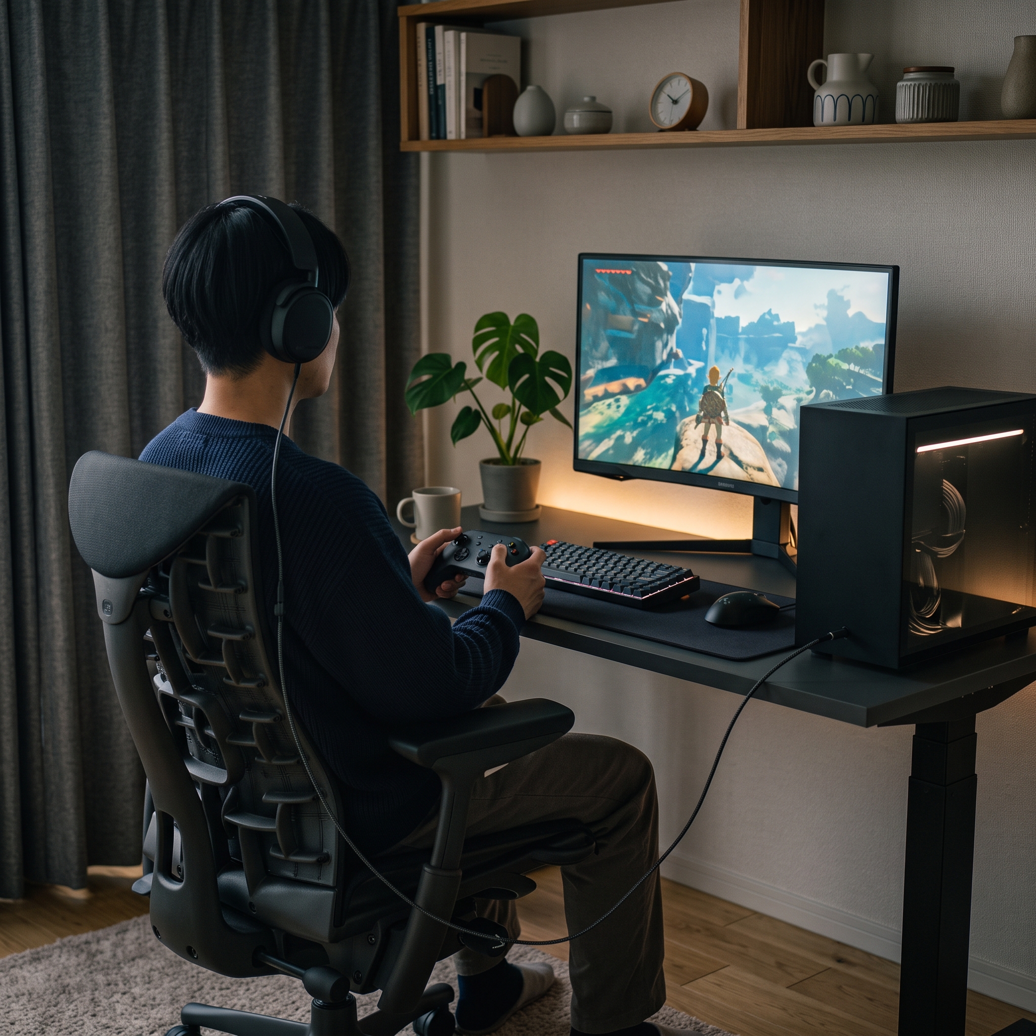 お部屋やゲームに合うサイズと解像度を考えたワークスペースに座りゲームする男性