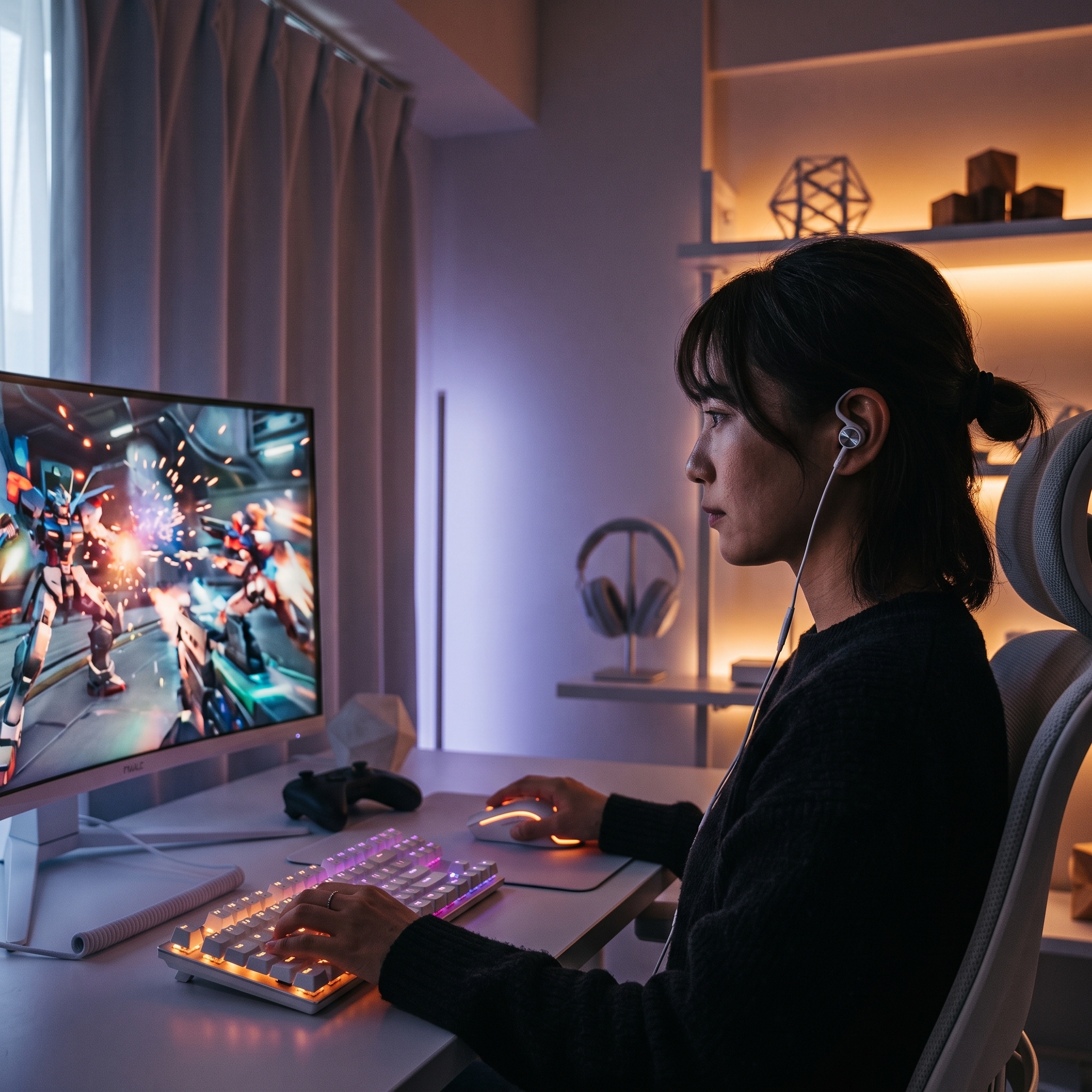 なめらかな映像を生むリフレッシュレートでゲームを楽しむ女性