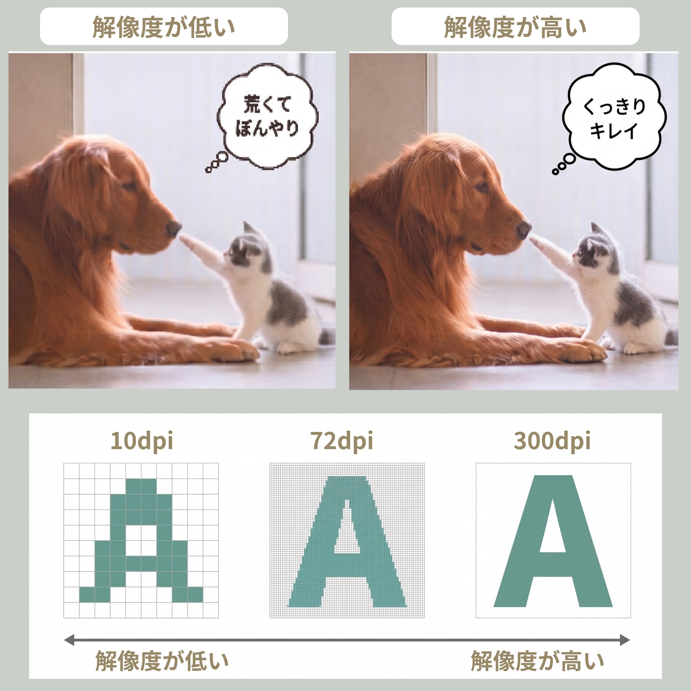 解像度が低い犬と猫の画像と、解像度が高い犬と猫の画像の比較と、「A」の文字の解像度が低い文字、高い文字の比較