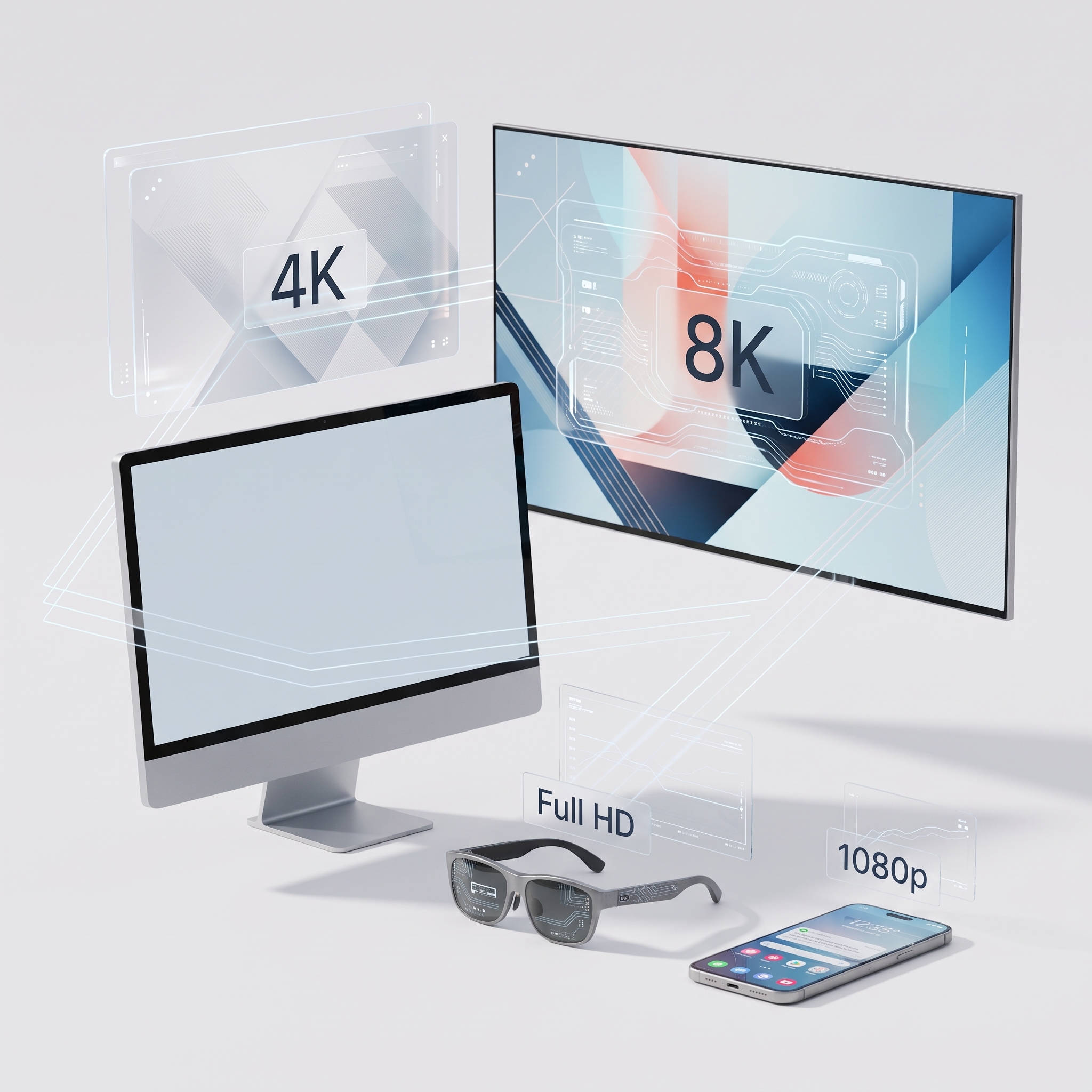PCモニター、薄型テレビ、スマートグラス、スマホと8K、4K、フルHD、1080ｐなどの解像度
