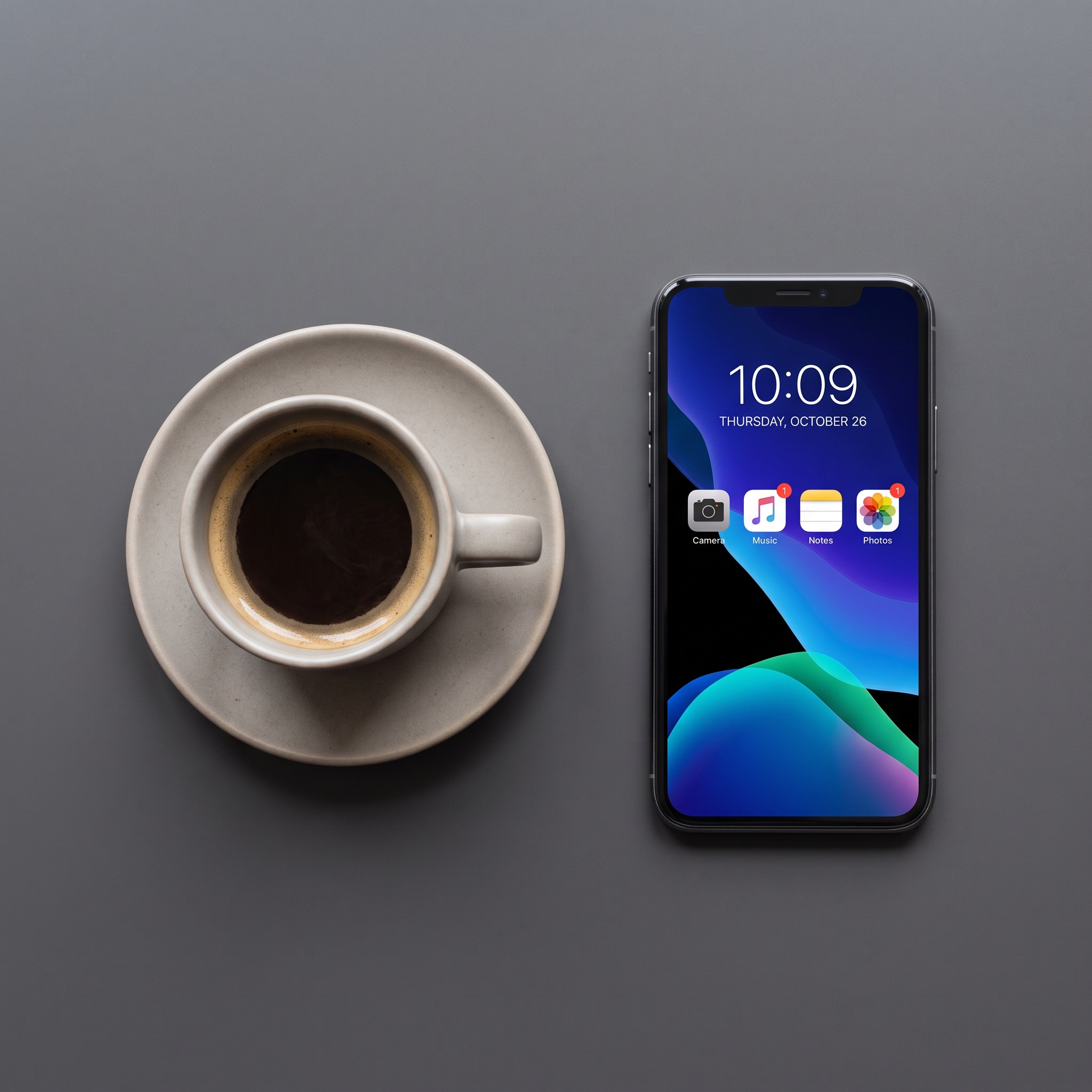 画素数fhdのスマートフォンとコーヒーカップが置かれたテーブル