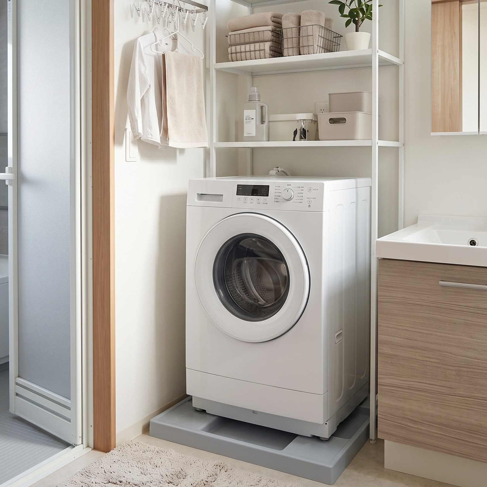 洗濯機 一人暮らしにおすすめの大きさのドラム式洗濯機が置かれているサニタリールーム