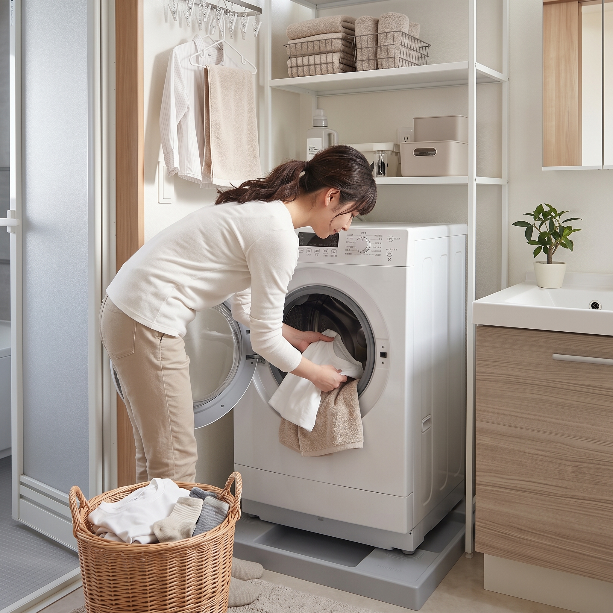 一人暮らしで洗濯物を部屋干しする女性
