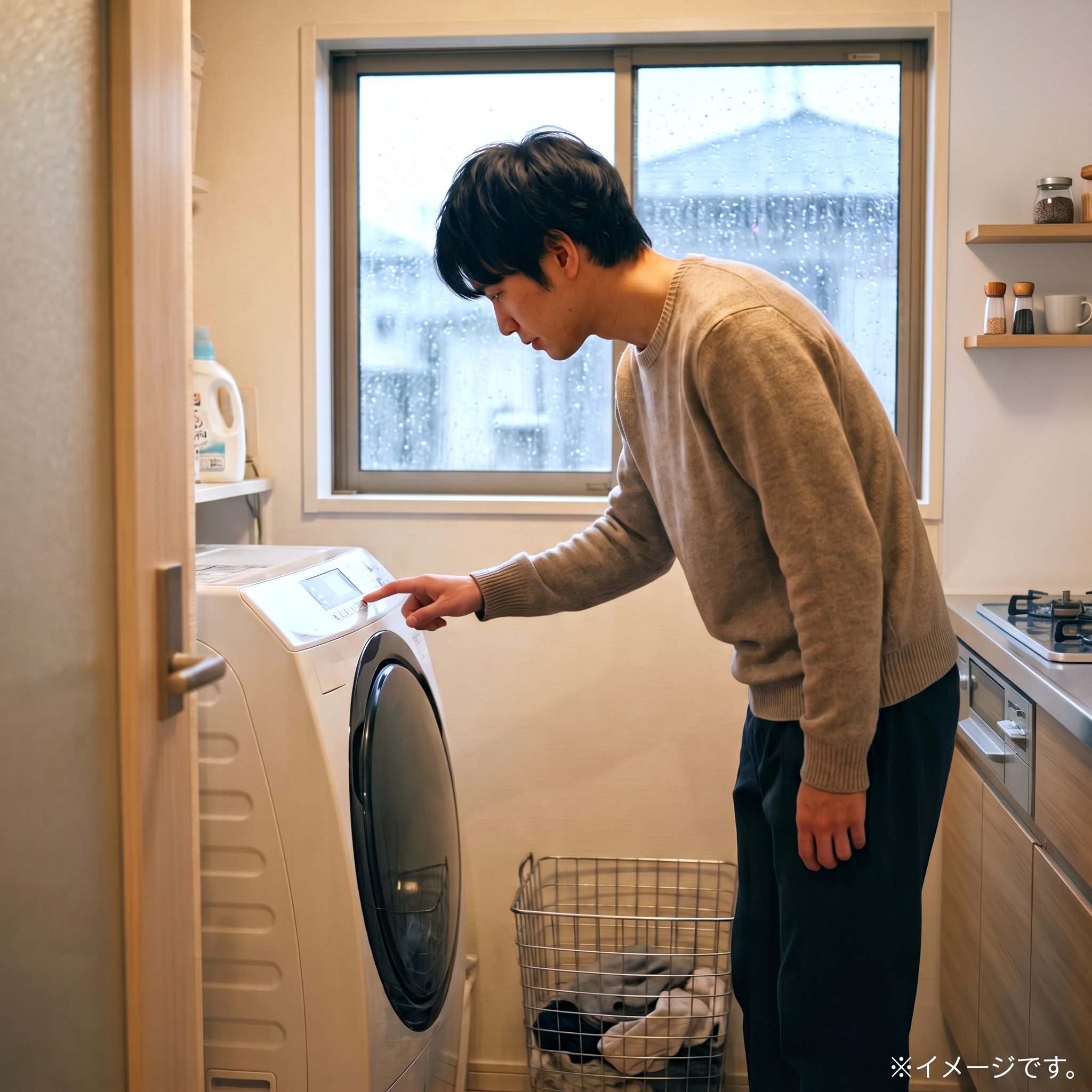 メリットとデメリットのある乾燥機付き洗濯機を雨の日に使用する男性