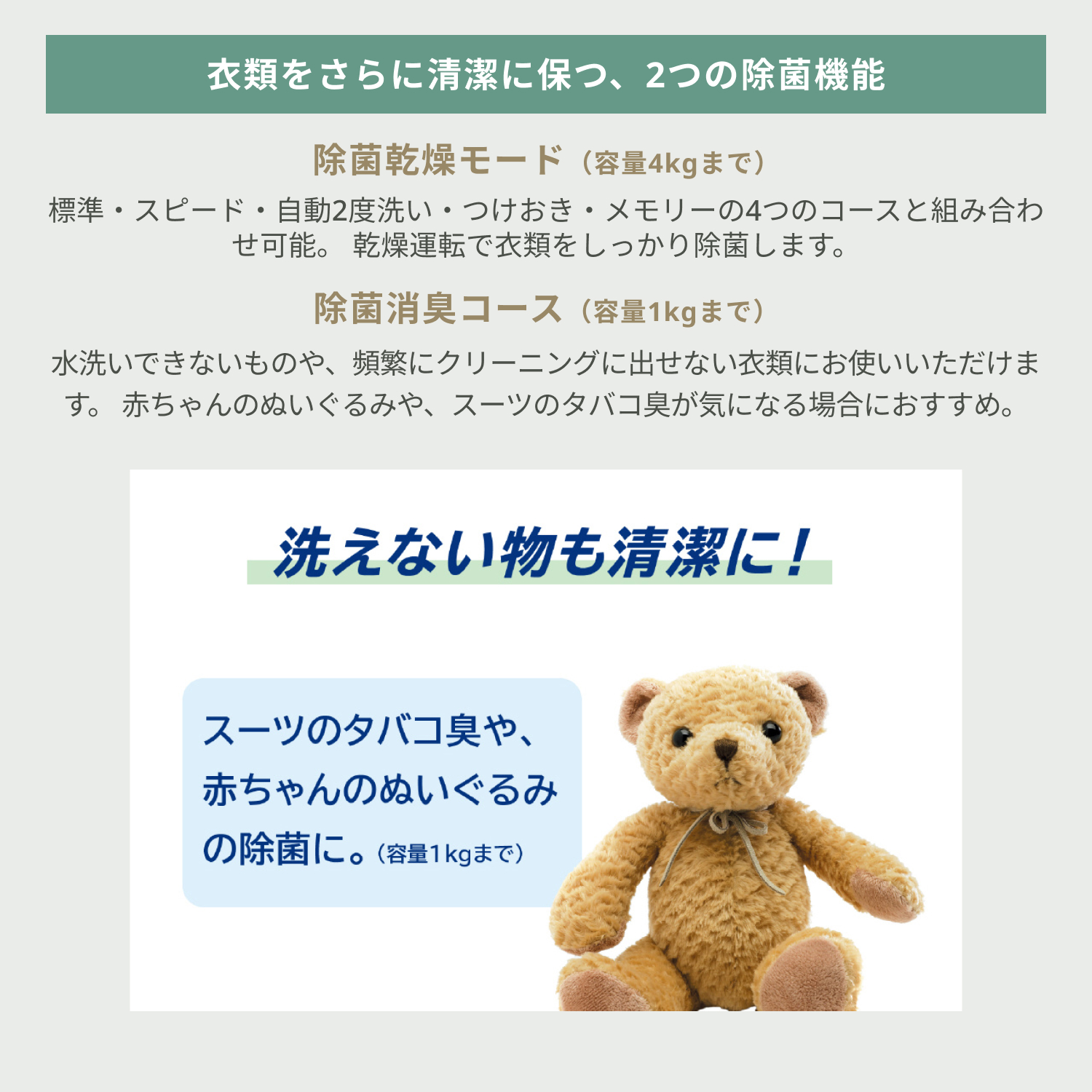 【洗濯12kg/乾燥7kg】TOSHIBAドラム式洗濯乾燥機 ZABOON スタンダードモデル （TW-127XM3L,TW-127XM2L）の除菌機能